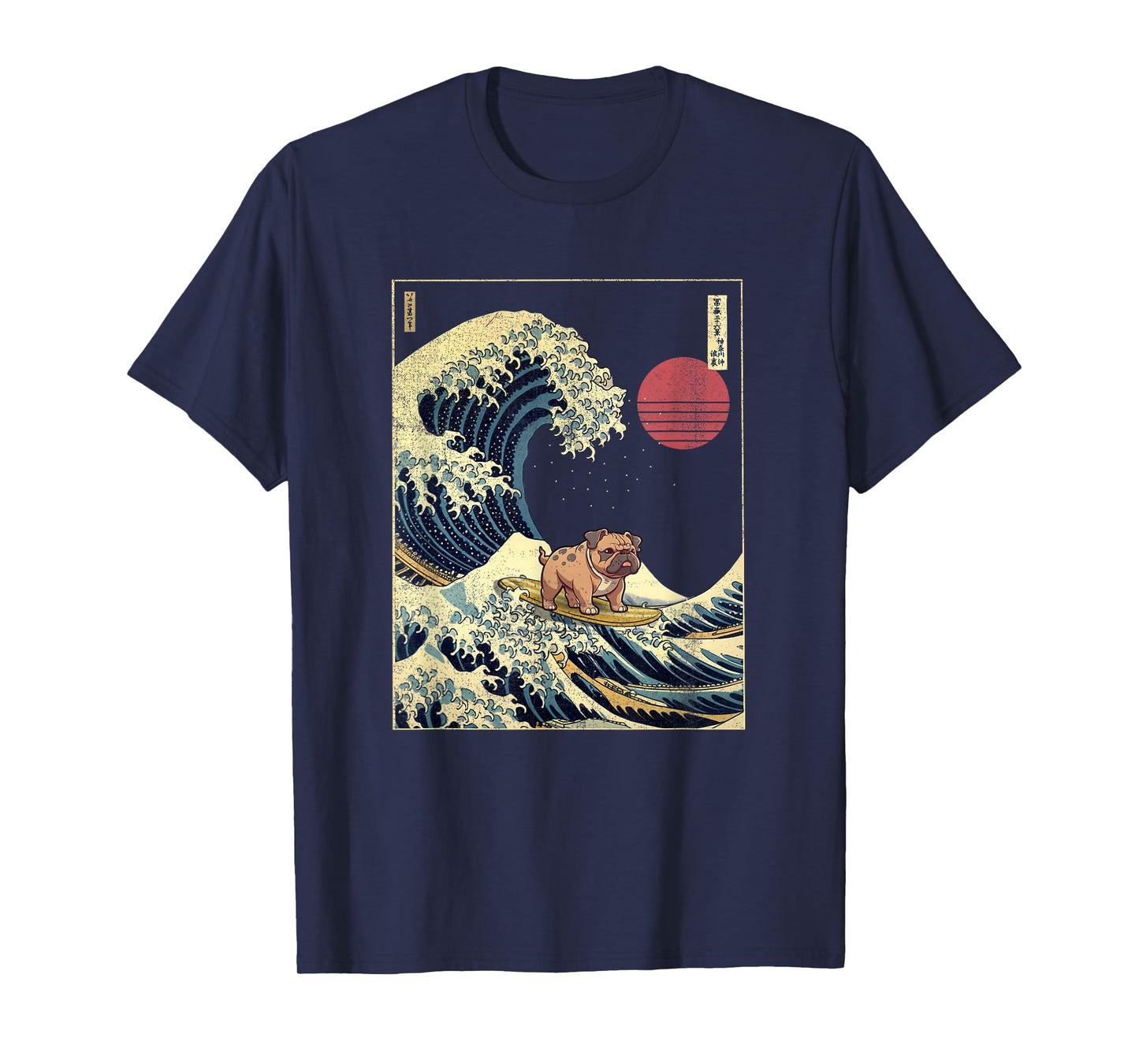 English Bulldog Japanese Kanagawa Wave Funny Surf Dog T-Shirt