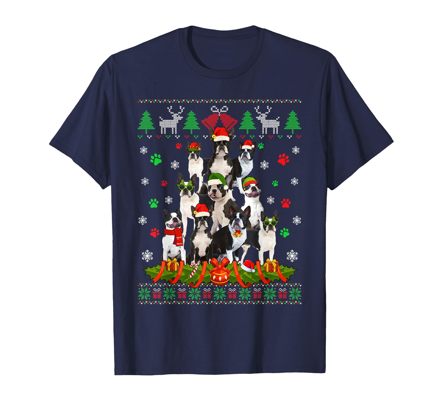 Ugly Sweater Christmas Tree Boston Terrier Dog Xmas Pajama T-Shirt