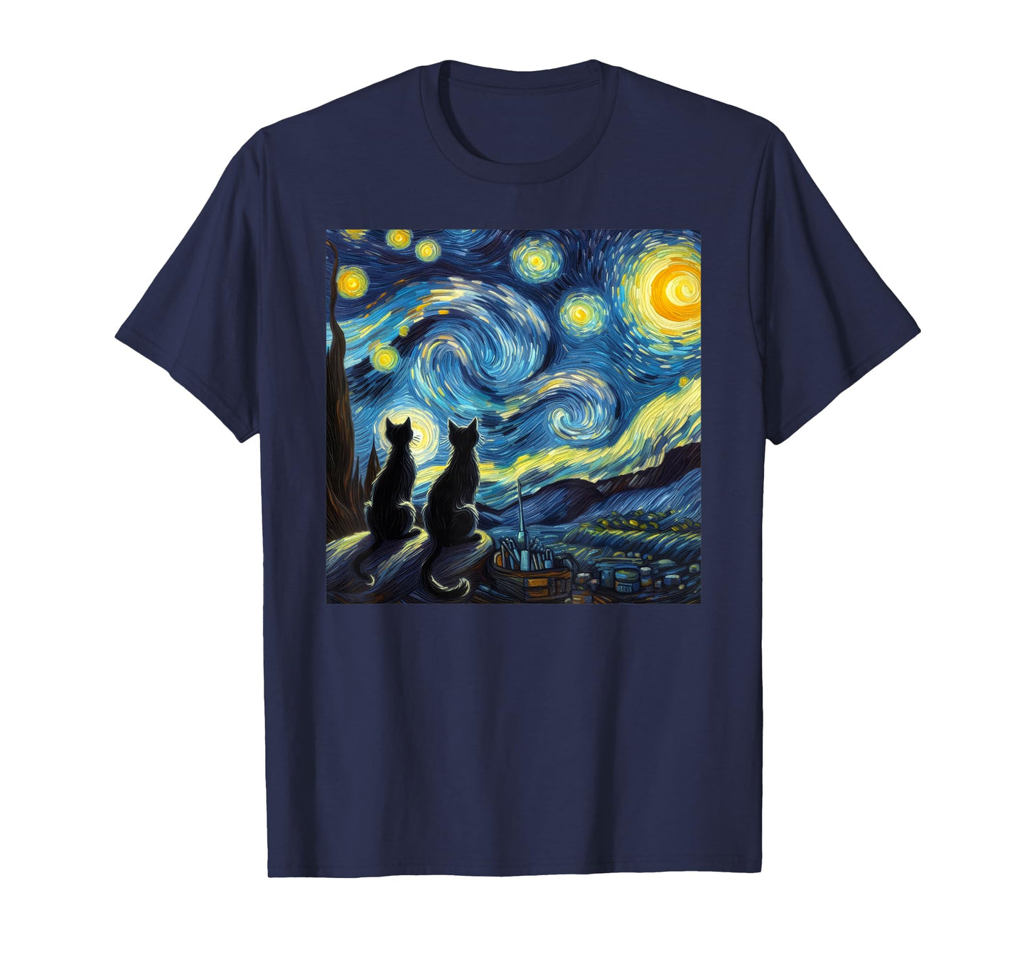 Black Cats Lover Starry Night Van Gogh T-Shirt