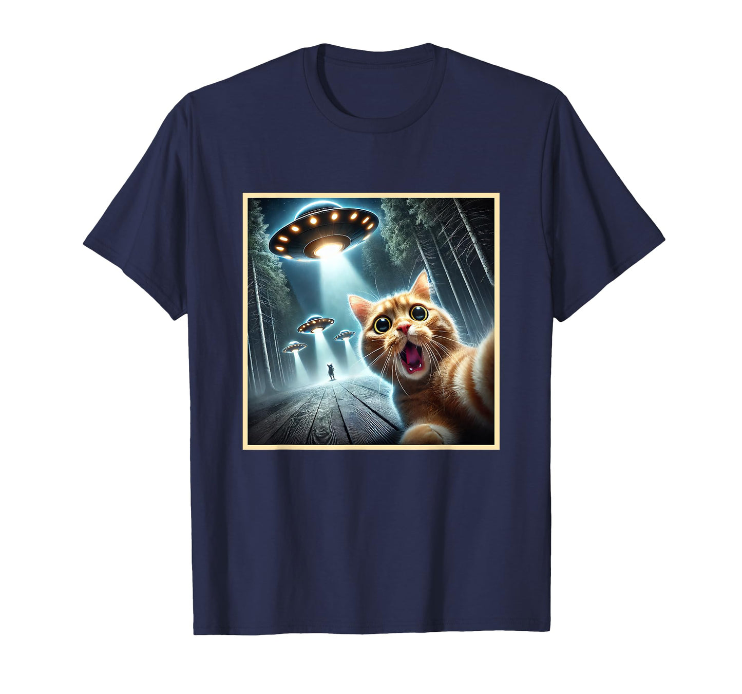 Funny Cat Taking A Selfie With UFO T-Shirt for Men Women Kids