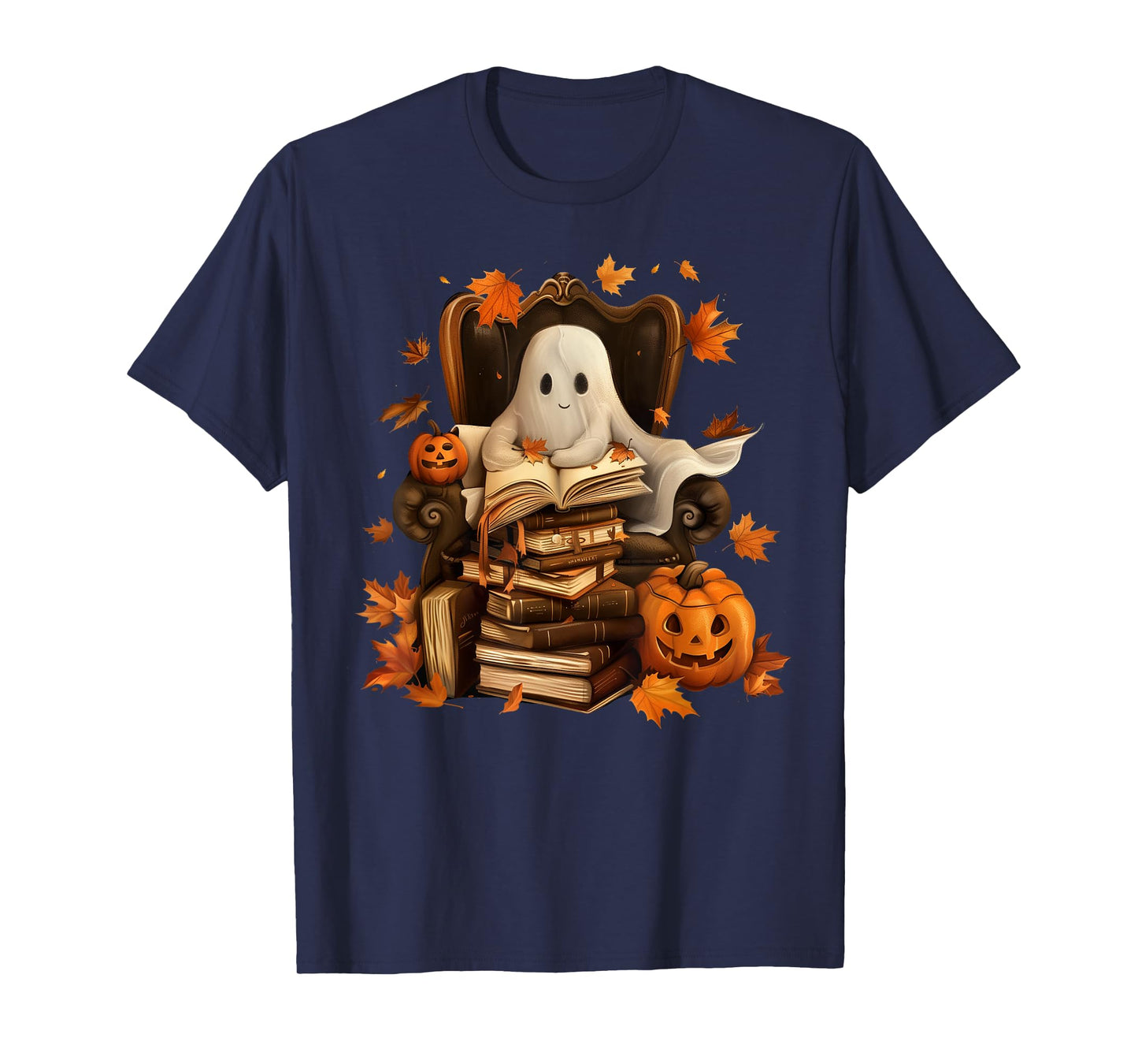 Vintage Ghost Book Reading Pumpkin Gothic Halloween Teachers T-Shirt