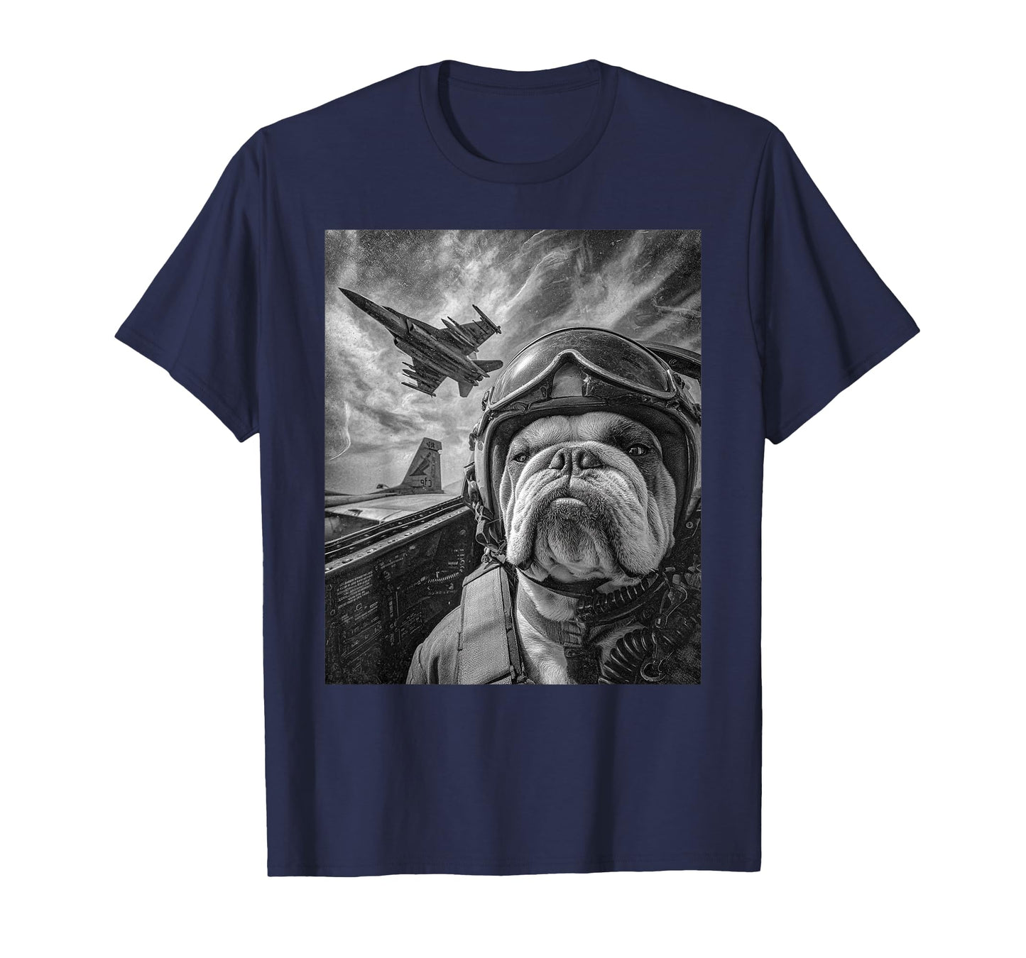 Funny English Bulldog Selfie Fighter Jet Pilot Aviation Art T-Shirt