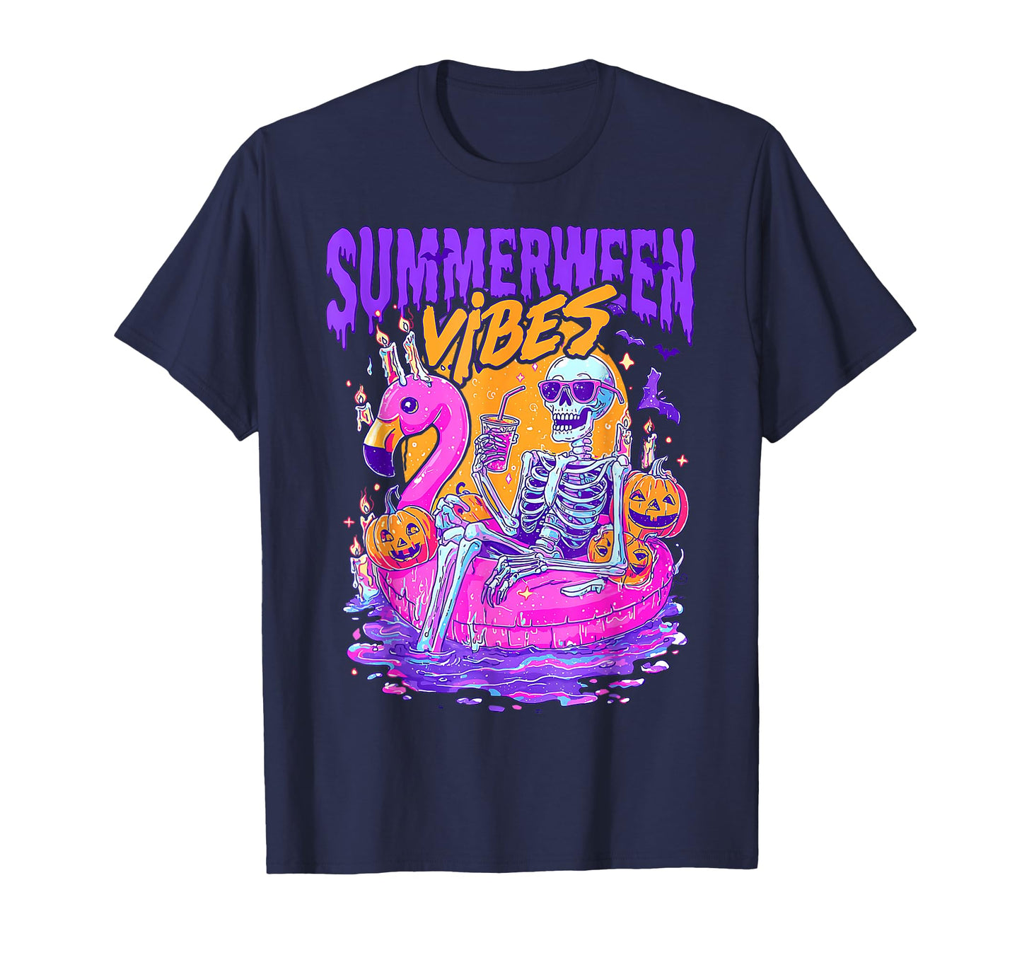 Summerween Vibes Spooky Skeleton Flamingo Pool Halloween T-Shirt