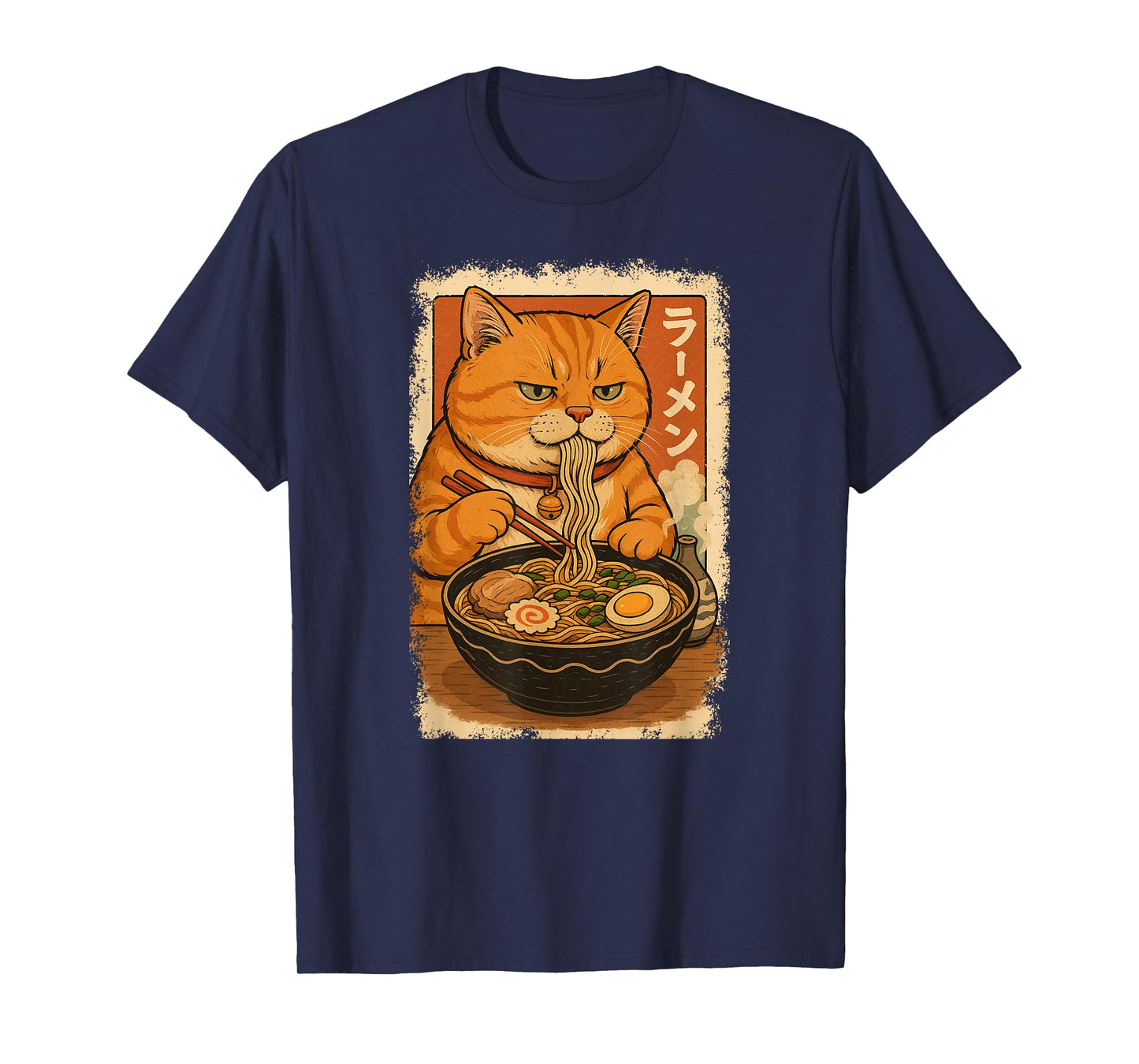 Orange Tabby Cat Eats Ramen Noodles Japanese Vintage T-Shirt