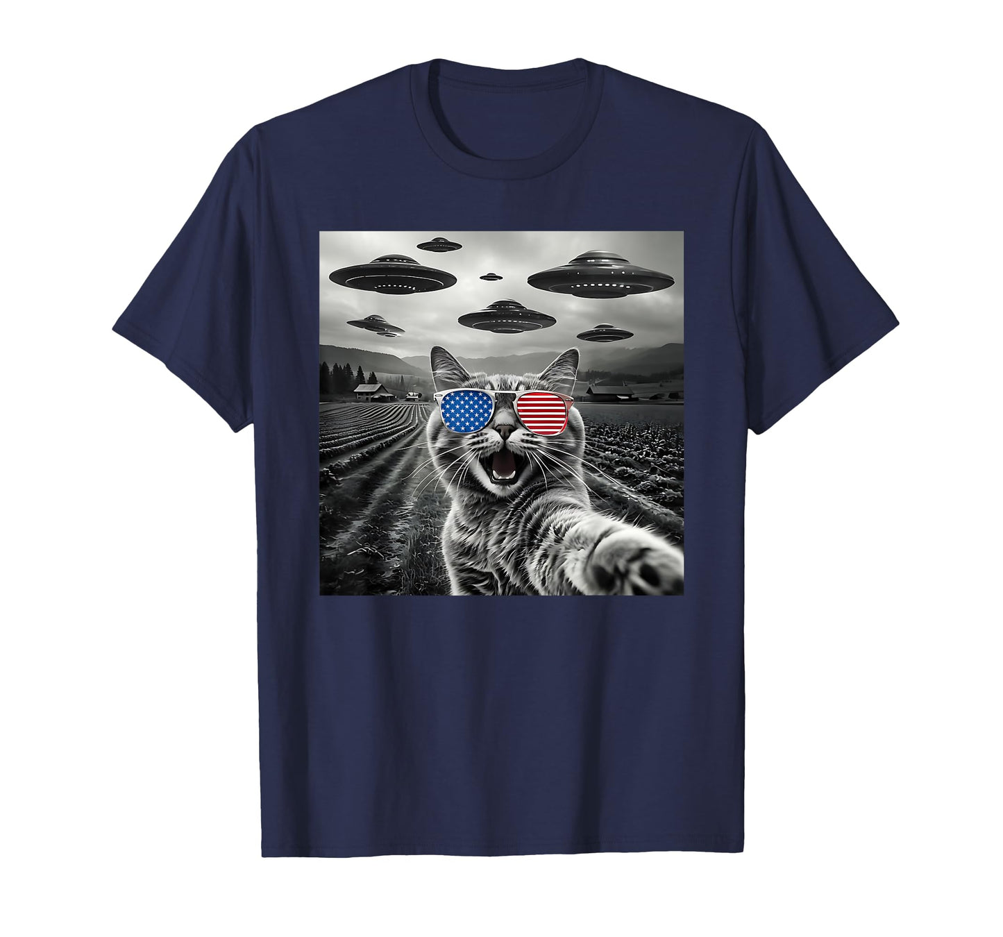 4th Of July Cat Selfie With Alien UFO USA Flag Sunglasses Men Women Kids T-Shirt