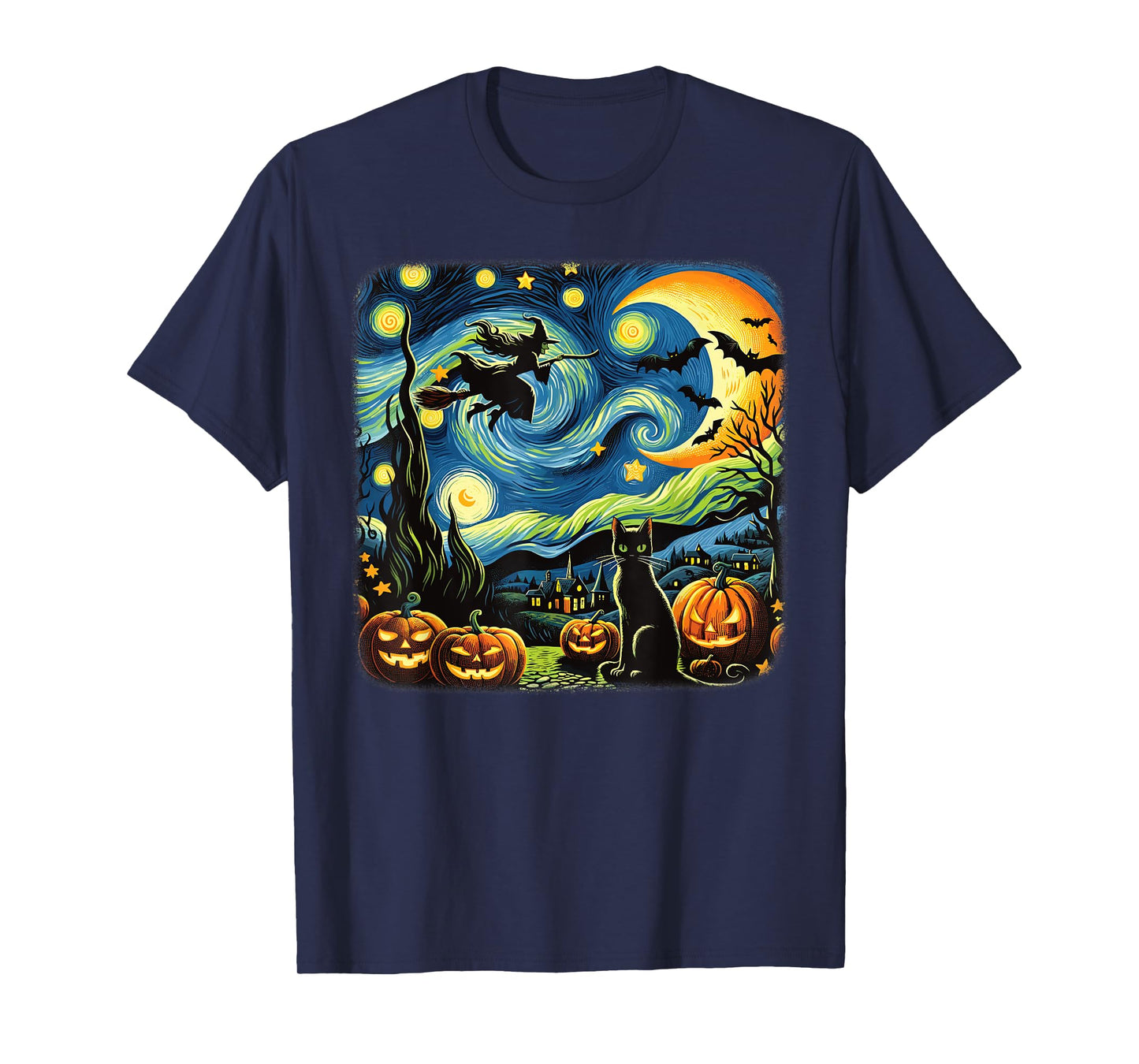 Halloween Witch Van Gogh Starry Night Black Cat Pumpkin Bats T-Shirt
