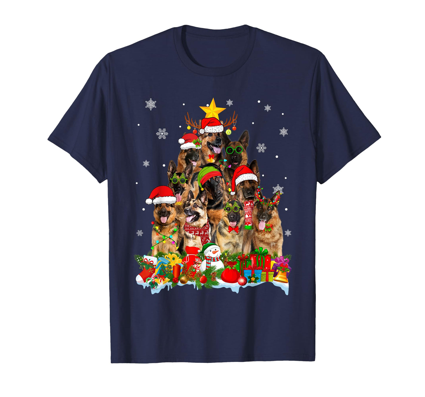 German Shepherd Dog Christmas Tree Lights Xmas Santa Hat T-Shirt