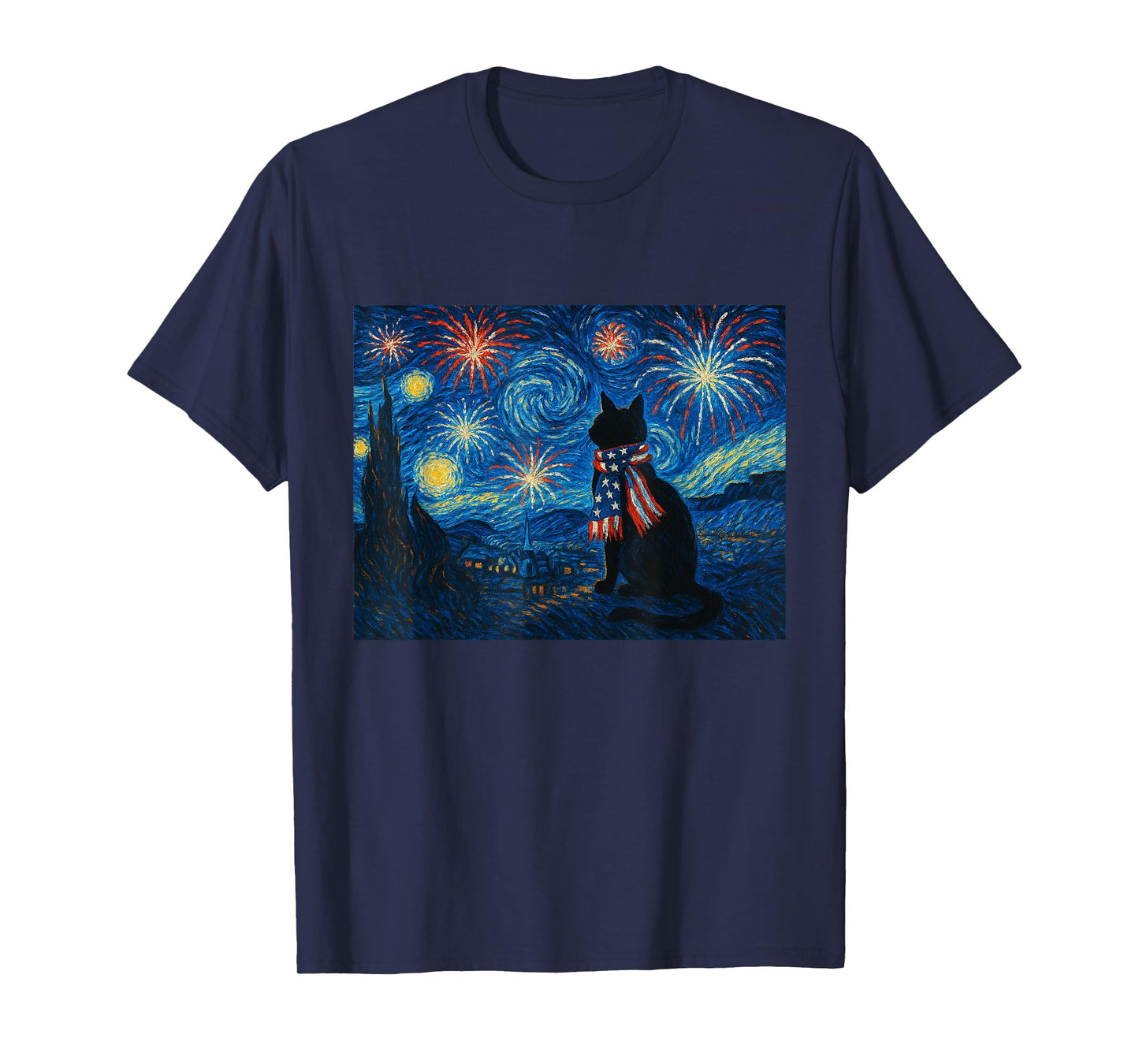 Cat Starry Night Van Gogh 4th of July Patriotic Cat Lover Men Women Kids T-Shirt