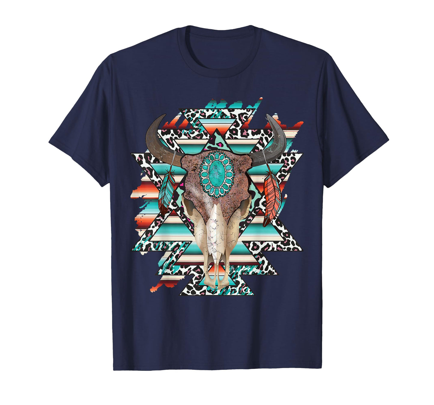 Boho Serape Turquoise Aztec Cow Bull Skull Western Cowgirl T-Shirt