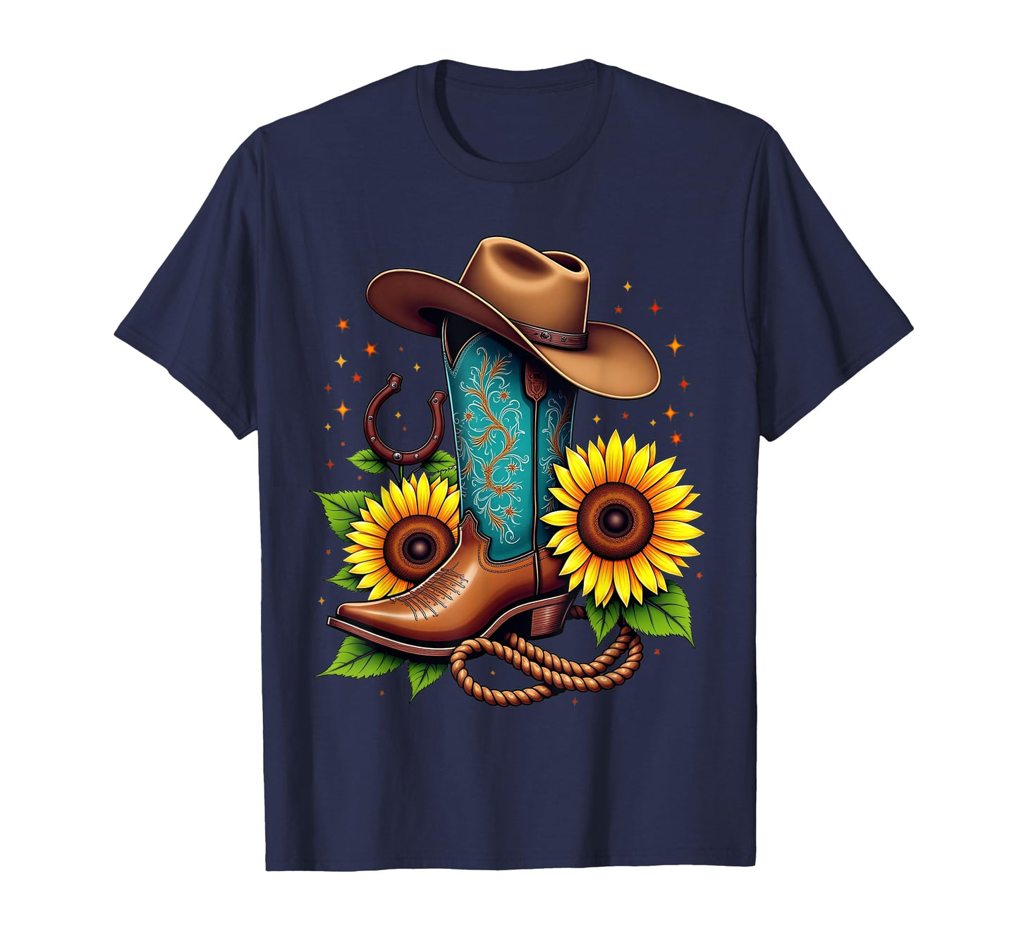 Western Cowboy Boot Sunflower Horseshoe Rope Cowgirl Boot T-Shirt