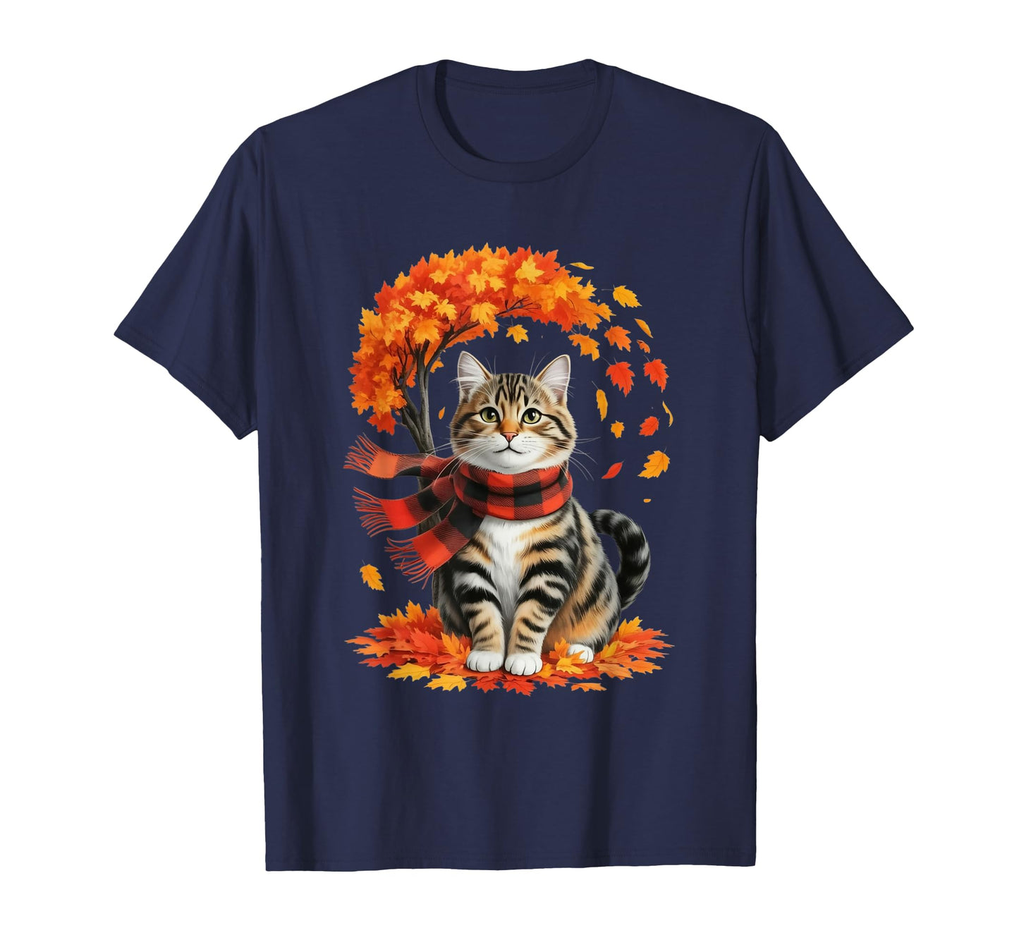 Cat in Autumn Scarf with Falling Leaves and Tree T-Shirt