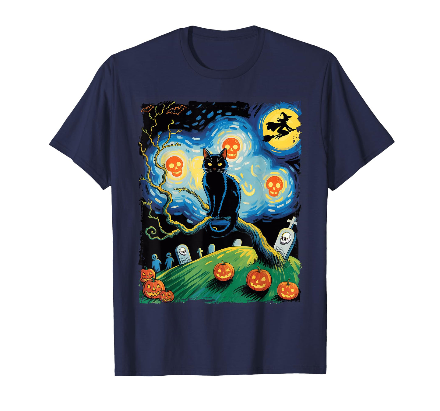 Halloween Van Gogh Starry Night Pumpkin Black Cat Costume T-Shirt