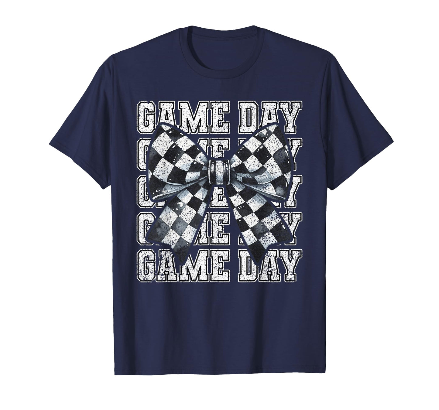 Retro Croquette Bow Black White Checkered Football Game Day T-Shirt