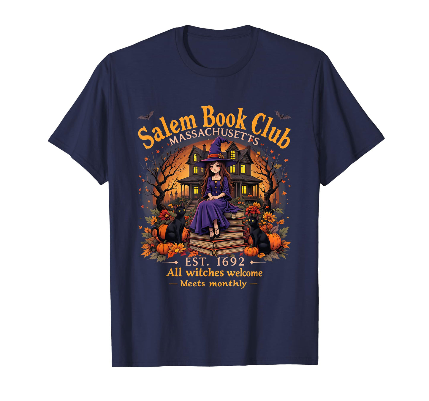 Bookish Spooky Halloween Vintage Salem Book Club Black Cat T-Shirt