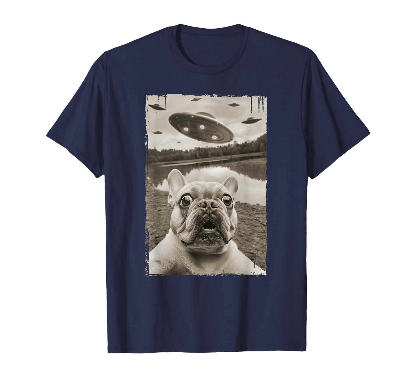 French Bulldog and UFO - Funny UFO and French Bulldog Selfie T-Shirt for Men Women Kids