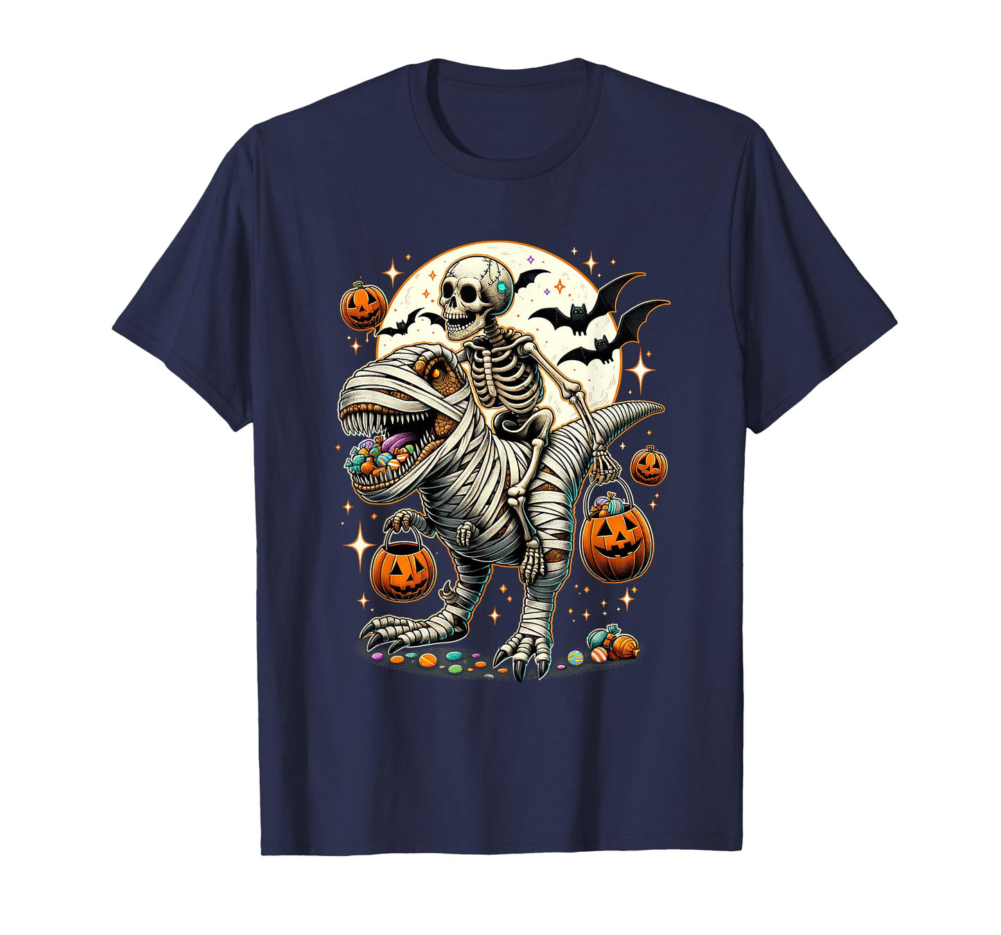 Skeleton Riding Mummy Dinosaur T Rex Kids Boys Men Halloween T-Shirt