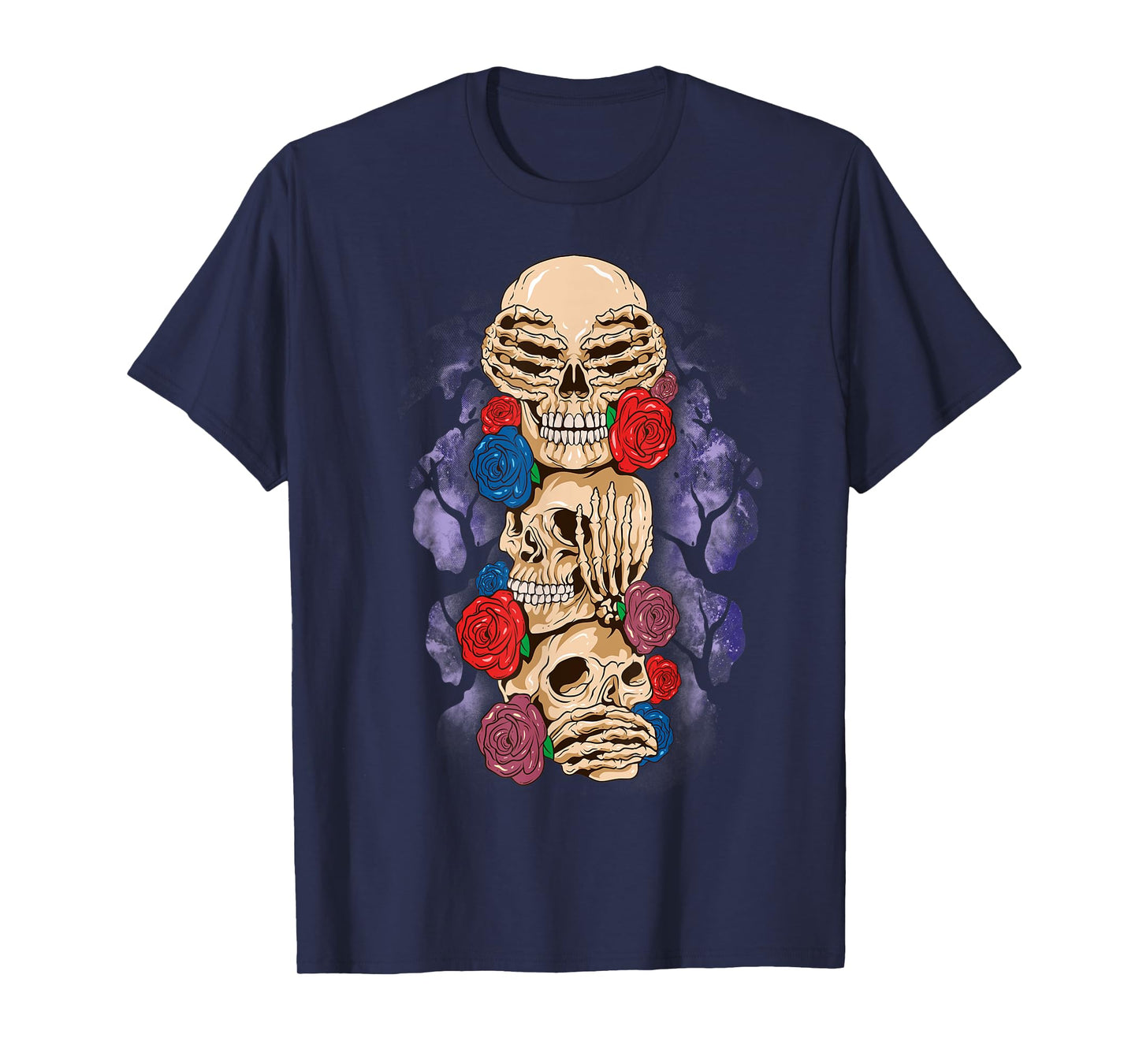 Skull Halloween See No Evil Hear Speak Wise Monkey Rose T-Shirt