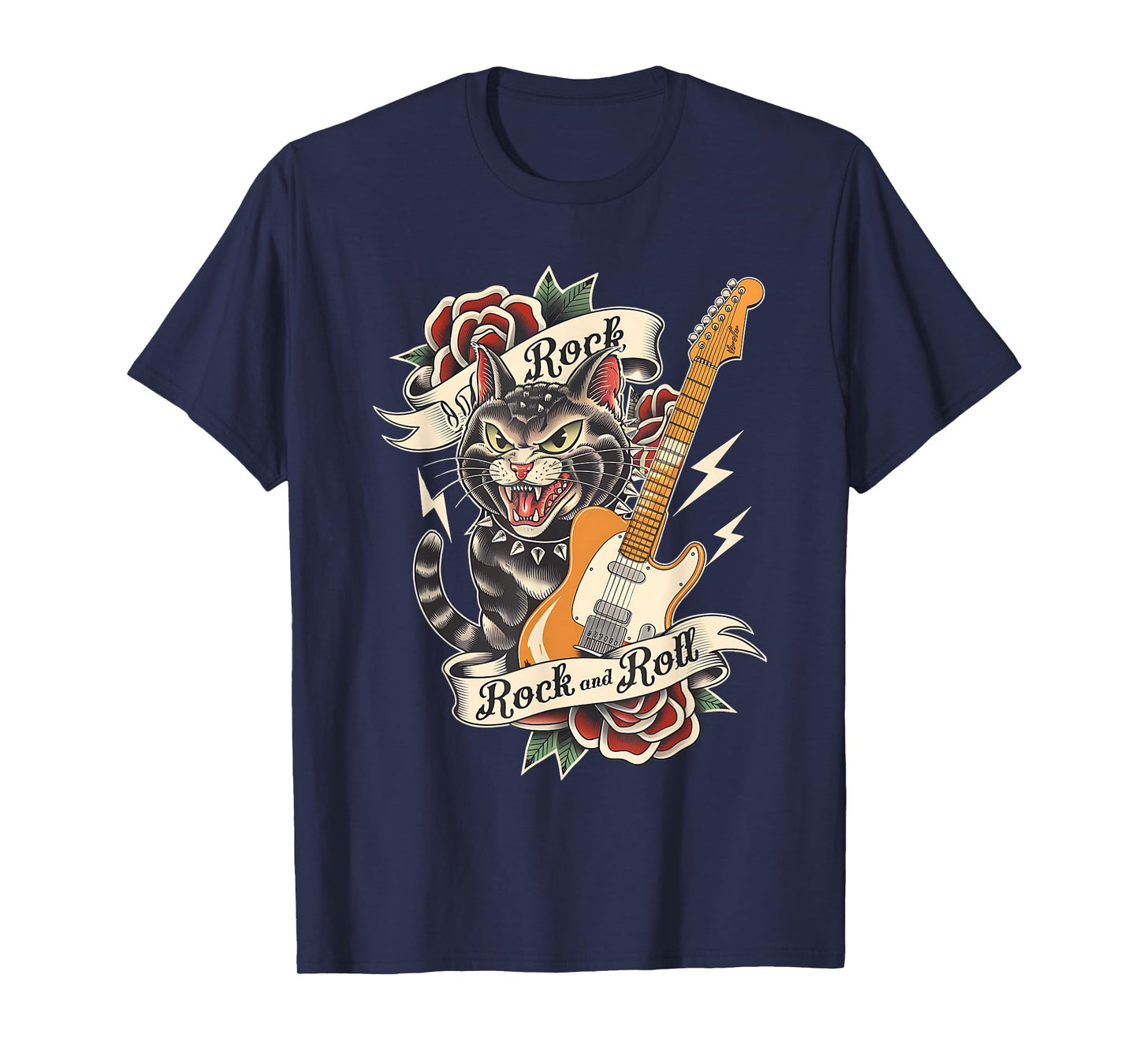 Rock and Roll Guitar Vintage Classic Tattoo Style Rock Cat T-Shirt