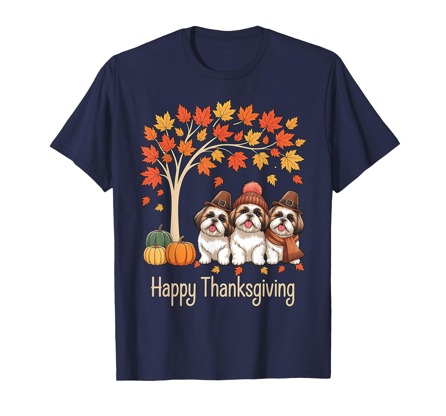 Funny Three Shih Tzu Dogs Tree Happy Thanksgiving T-Shirt