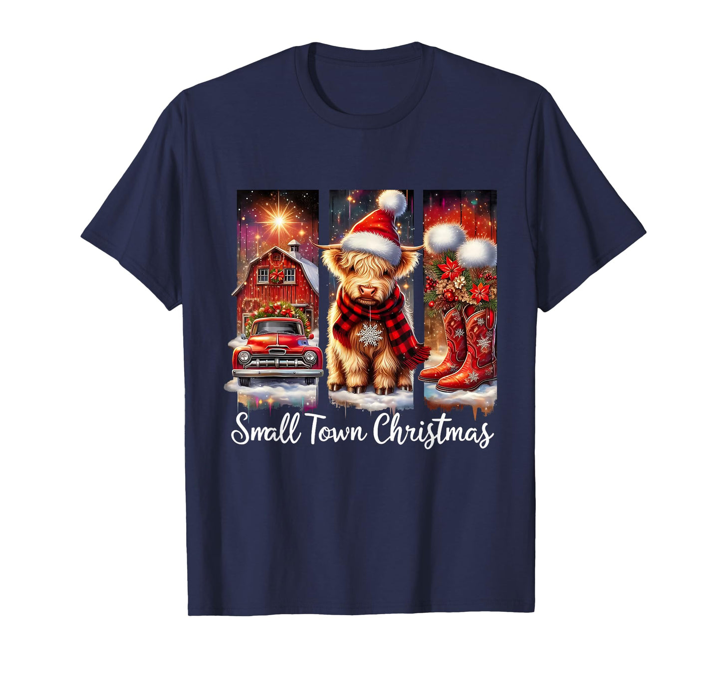 Small Town Christmas Highland Cow Western Art T-Shirt