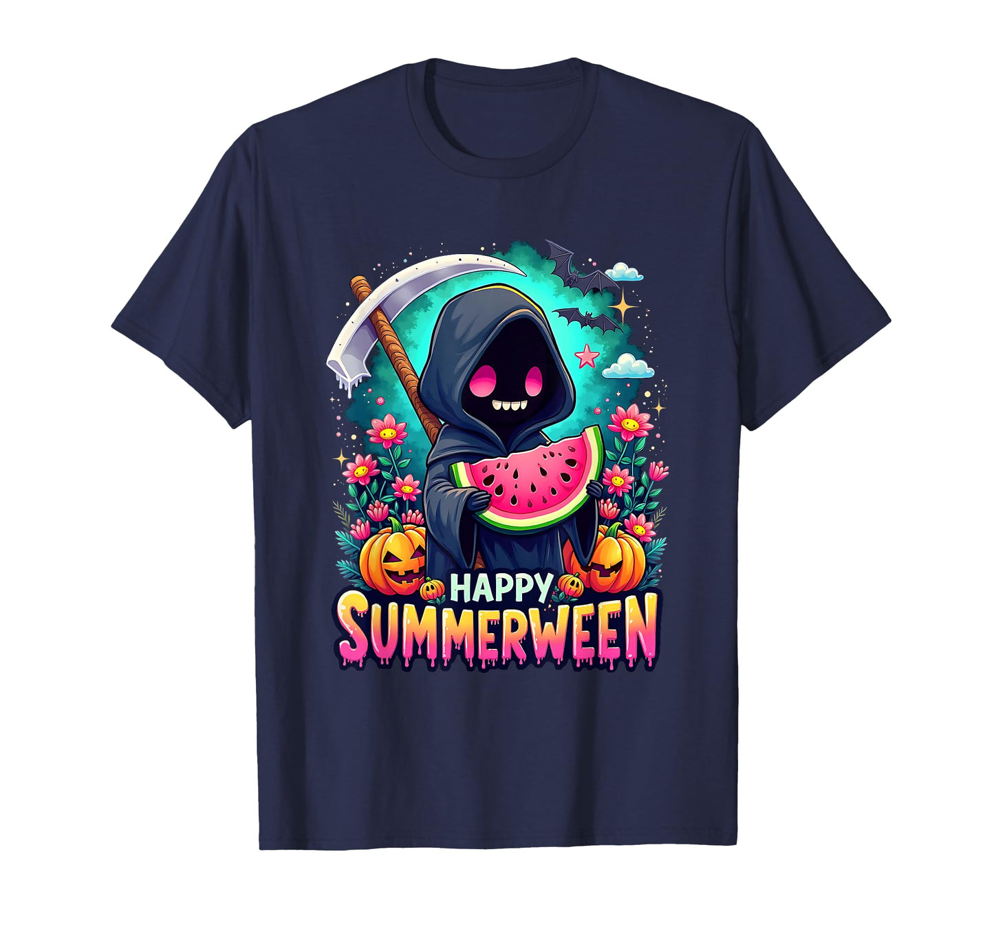 Happy Summerween Skeleton Jack-o-lantern Summer Watermelon T-Shirt