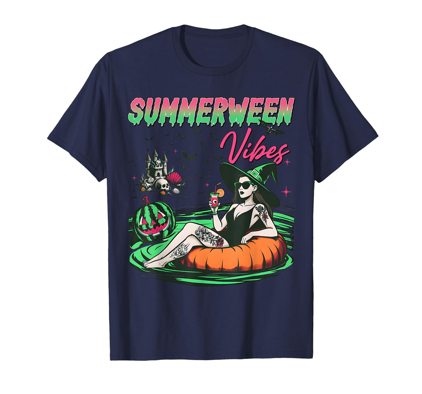 Funny Summerween Vibes Pumpkin Spooky Vacation Summer Beach T-Shirt