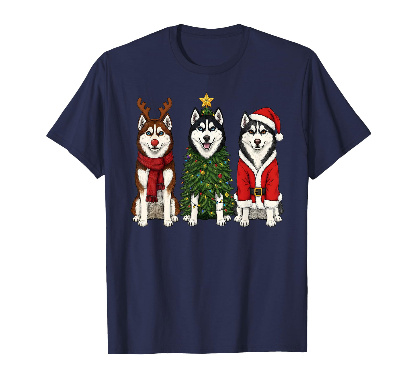 Retro Christmas Siberian Husky Santa Reindeer Dog Lover T-Shirt