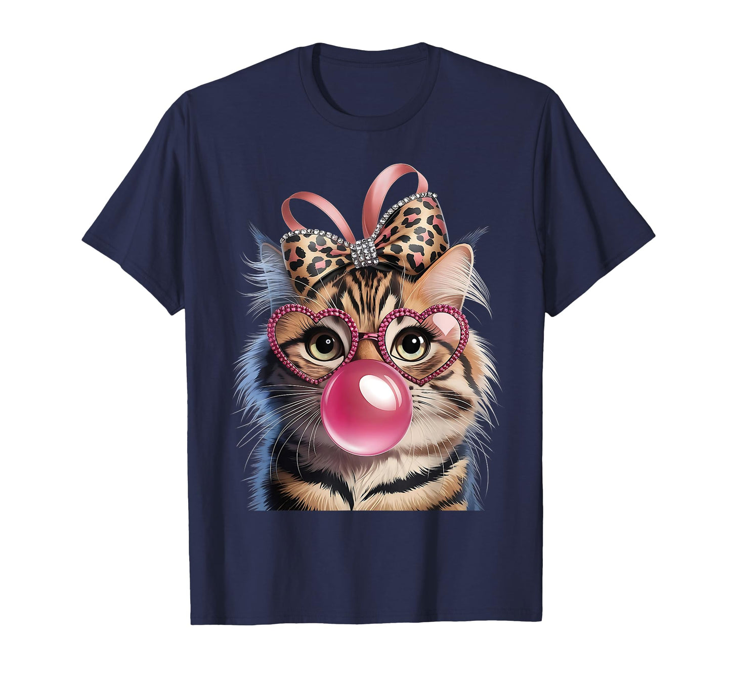 Cute Funny Leopard Bow Pink Glasses Cat Bubble Gum Girls T-Shirt