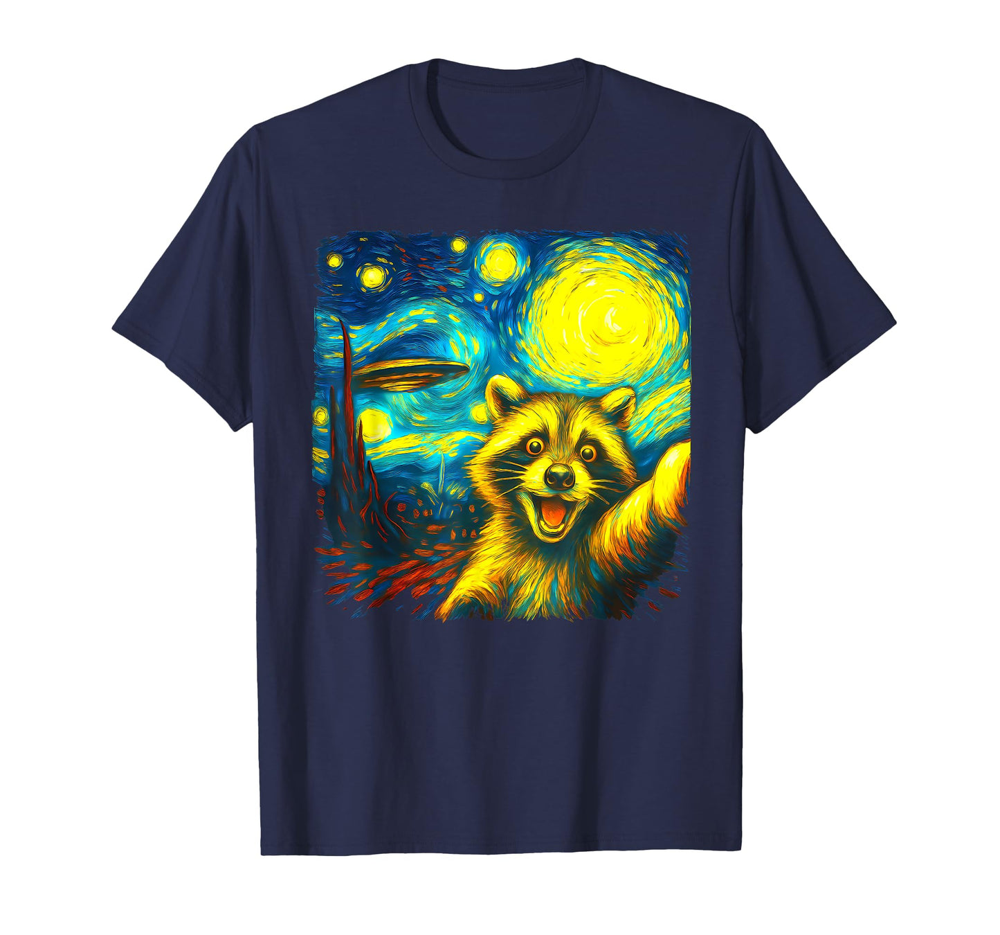 Raccoon Selfie With Alien UFO Funny Starry Night Van Gogh T-Shirt