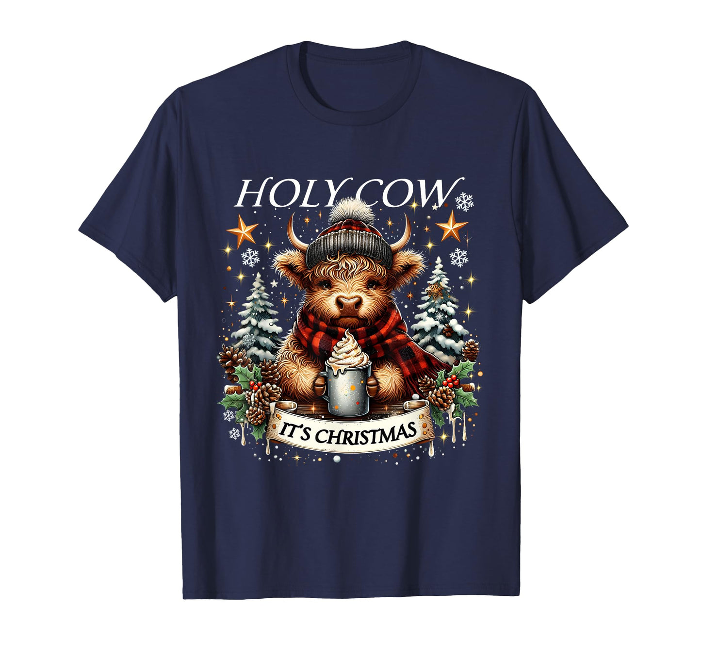 Holy Cow It’s Christmas Funny Cozy Farm Design HighlandCow T-Shirt
