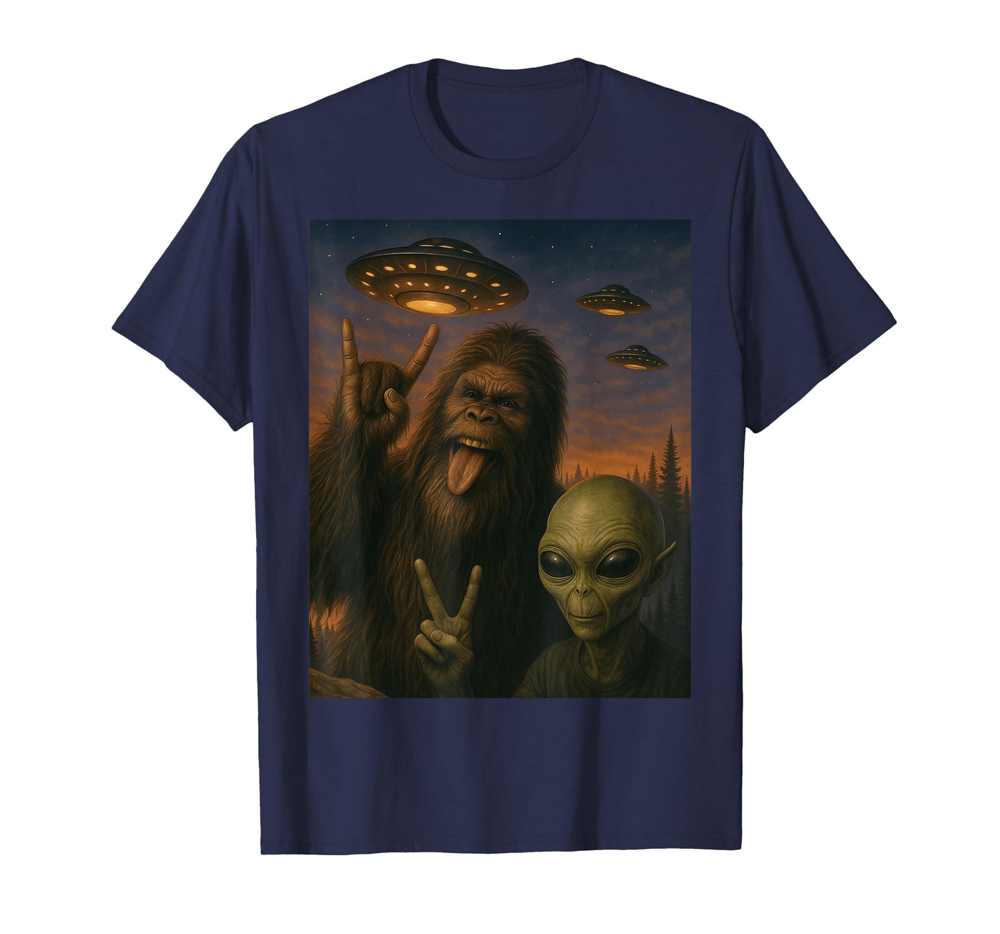 Bigfoot Alien Rock On Selfie UFO Funny Gifts Men Women Kid T-Shirt
