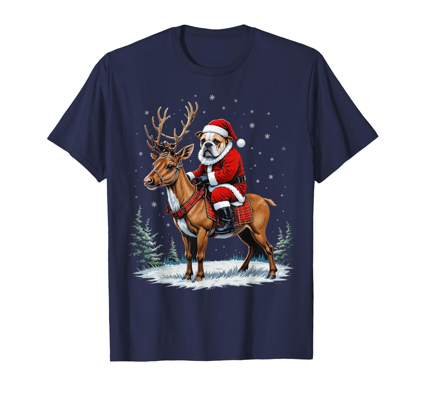 Bulldog Santa Riding Reindeer Christmas Holiday T-Shirt