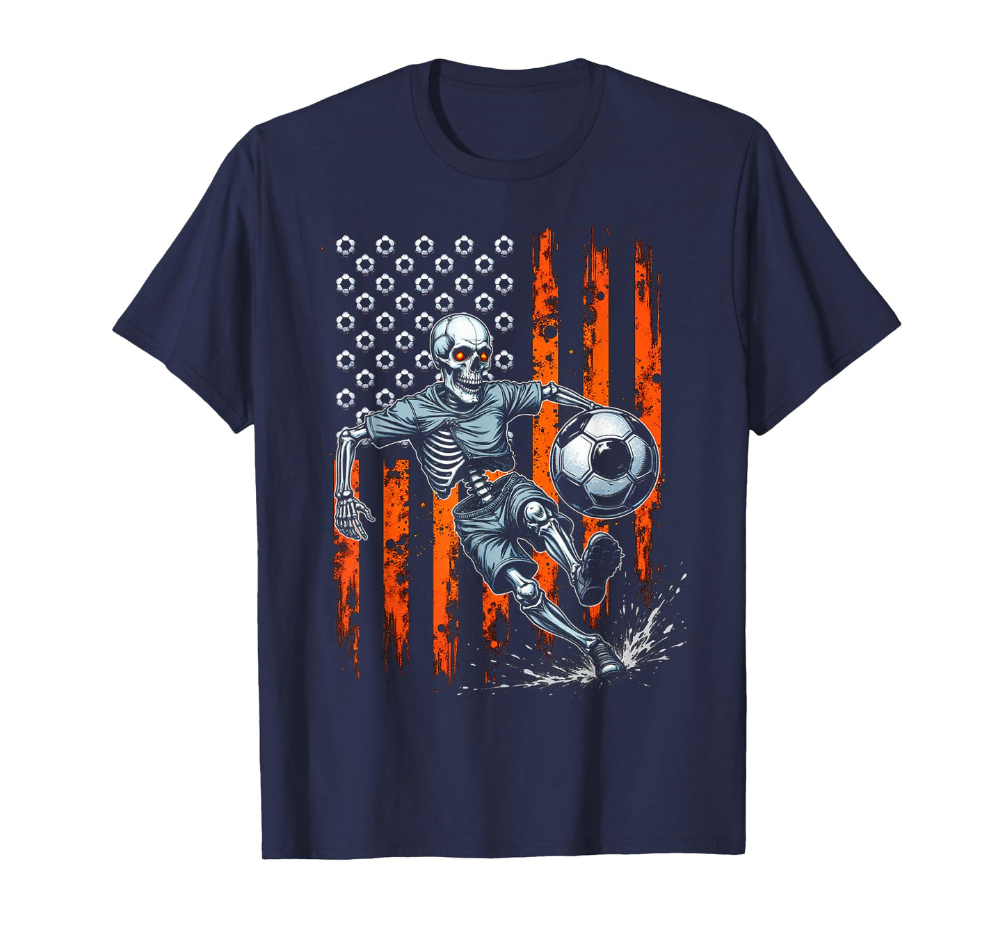 Retro Skeleton Playing Soccer USA Flag Spooky Halloween 2025 T-Shirt