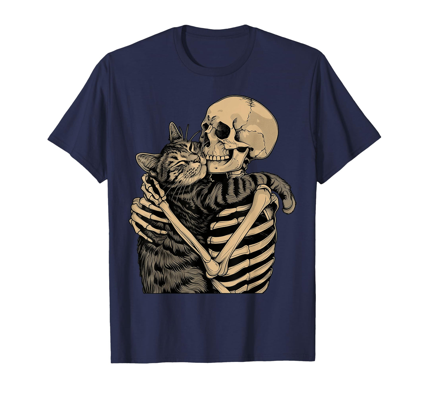 Skeleton Hugging Cat Halloween Cat Lover Cat Mom Dad T-Shirt