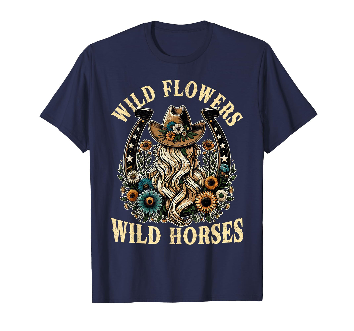 Retro Southern Sunset Cowgirl Wild Flowers - Wild Horses T-Shirt