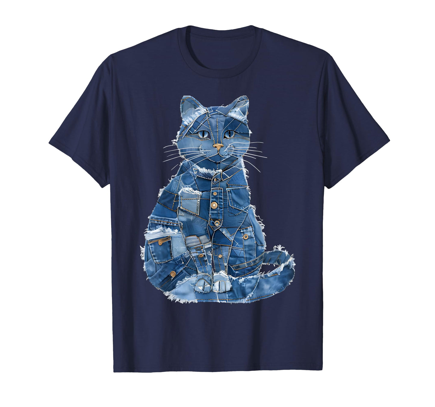 Retro Cat Pattern Denim Patchwork Graphic Art T-Shirt