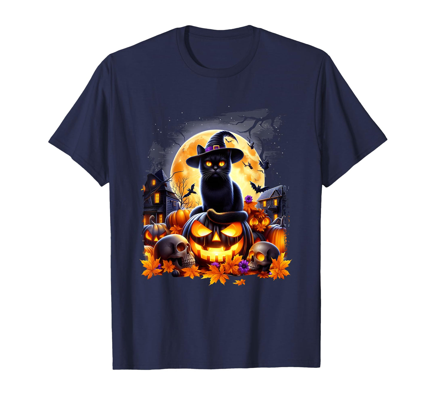 Halloween Black Cat Pumpkins Skulls HauntedHouse Under Moon T-Shirt