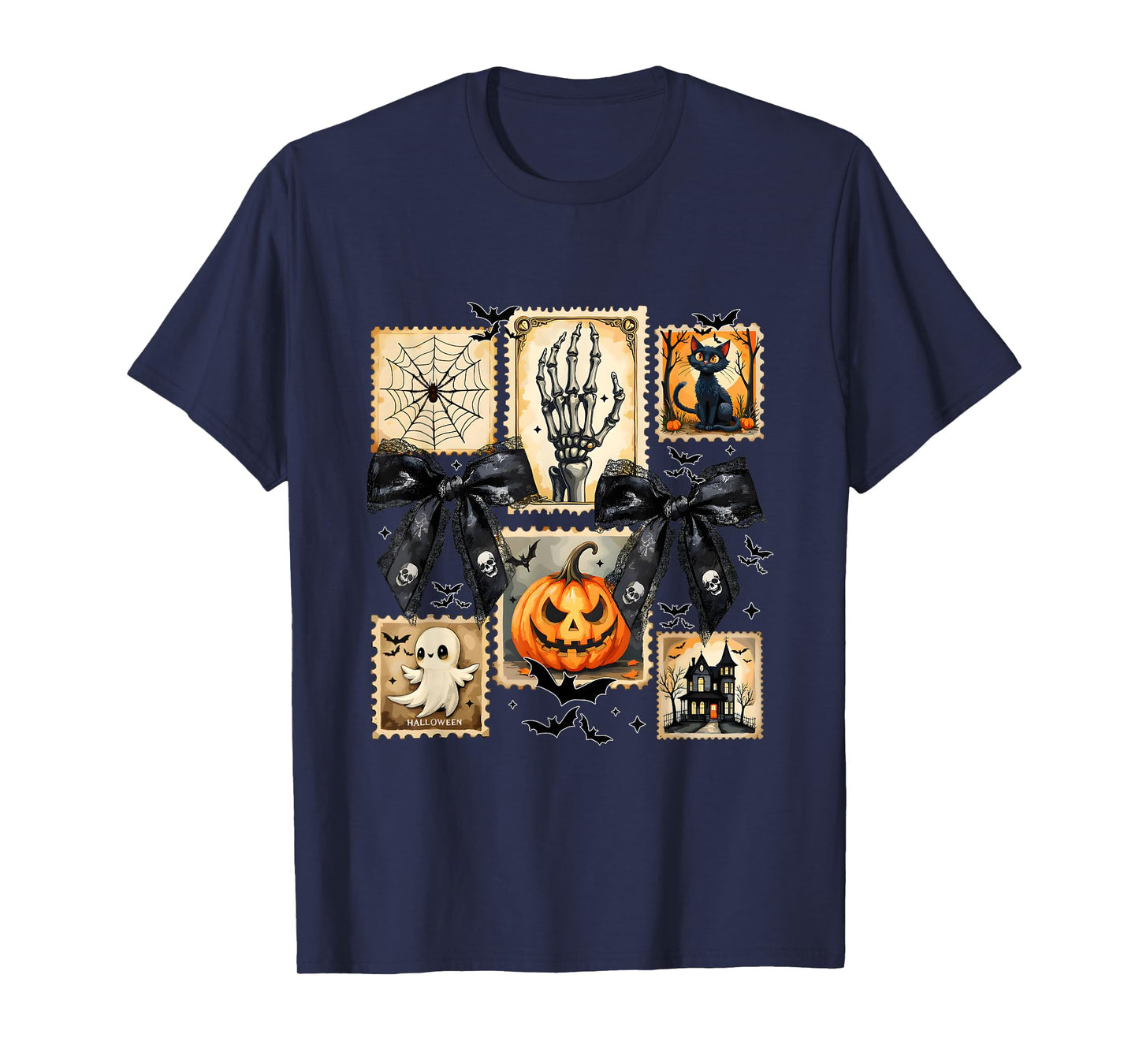 Halloween Pumpkin Cat Ghost Skull Coquette Bow Girls Women T-Shirt