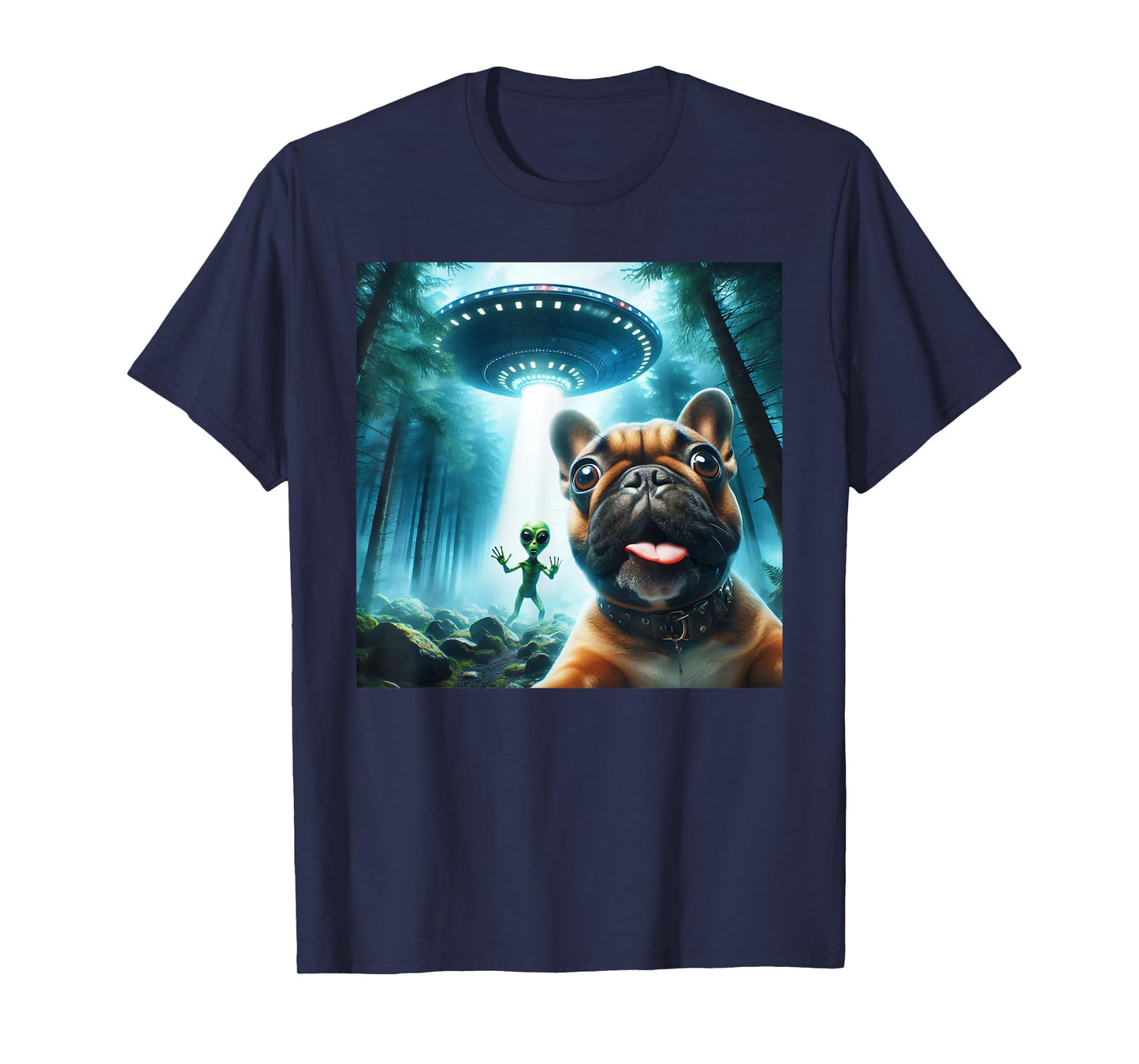 French bulldog selfie with alien UFO cool alien art T-Shirt