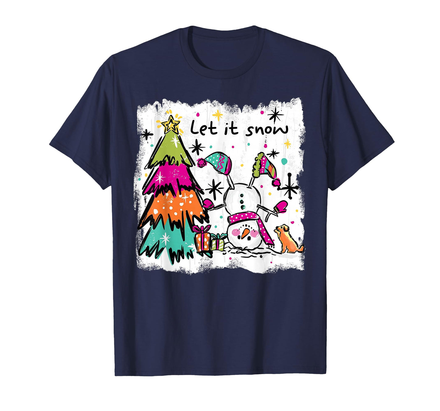Funny Christmas Snowman Tree Let It Snow Retro Design T-Shirt