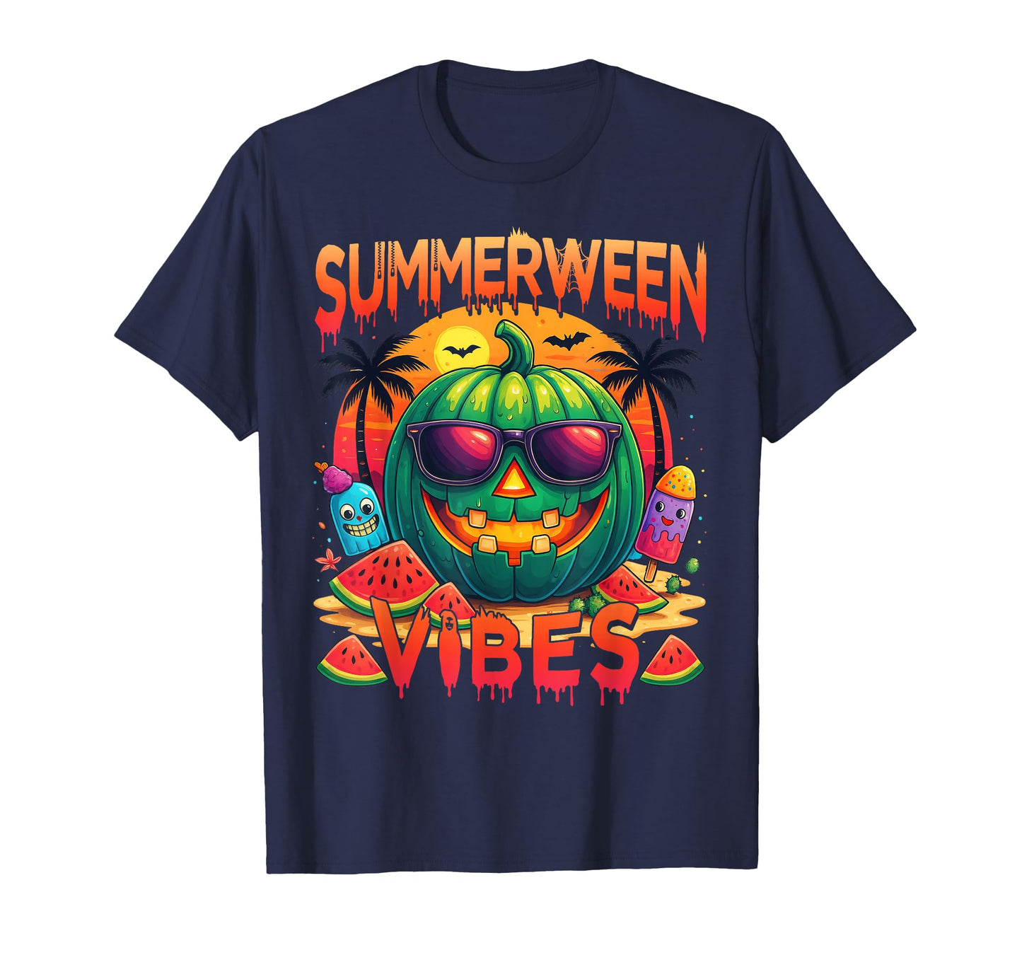 Skeleton Summer Summerween Vibes Watermelon Jack-O-Lantern T-Shirt