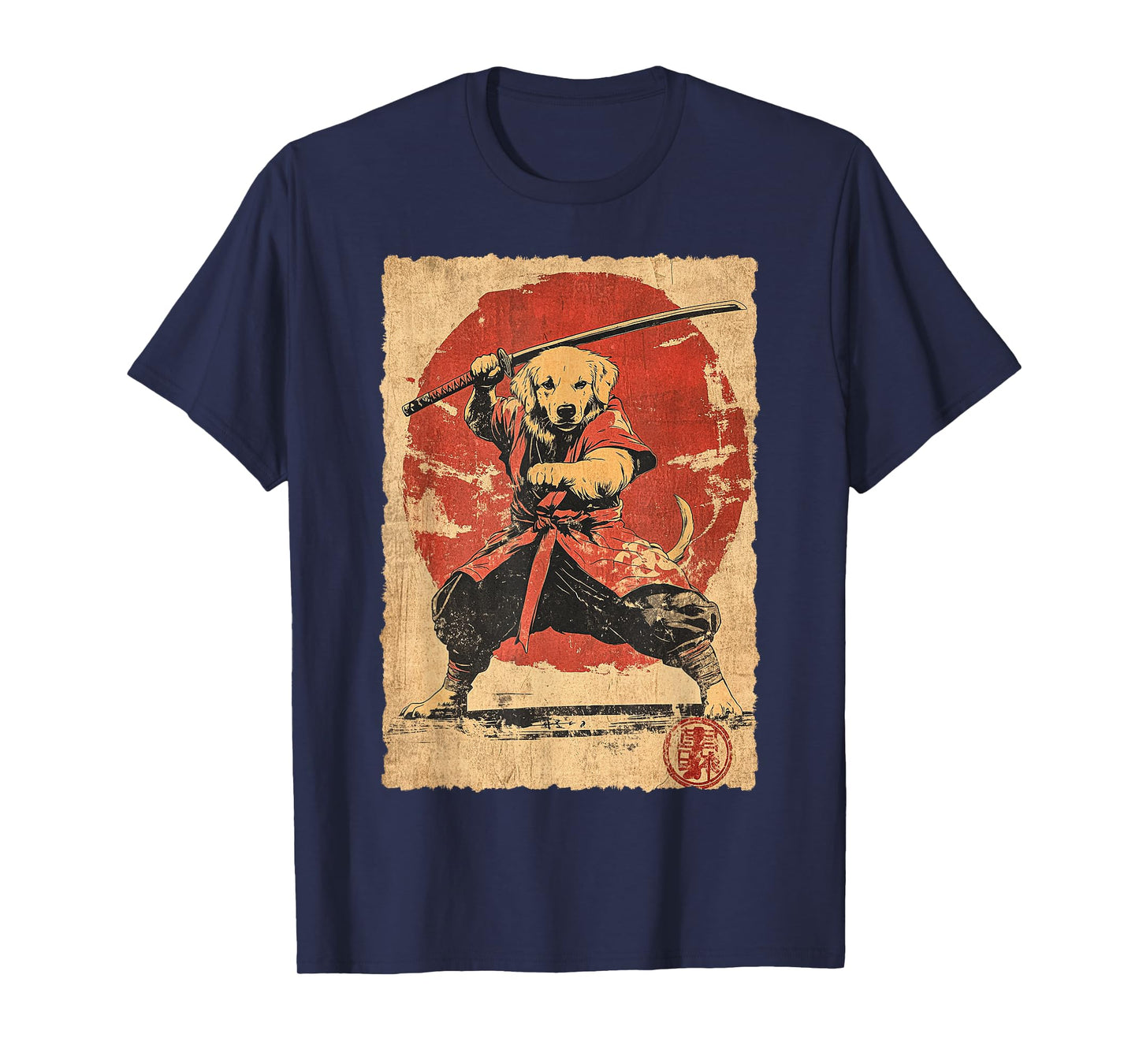 Vintage Japanese Art Golden Retriever Ninja Samurai Warrior T-Shirt