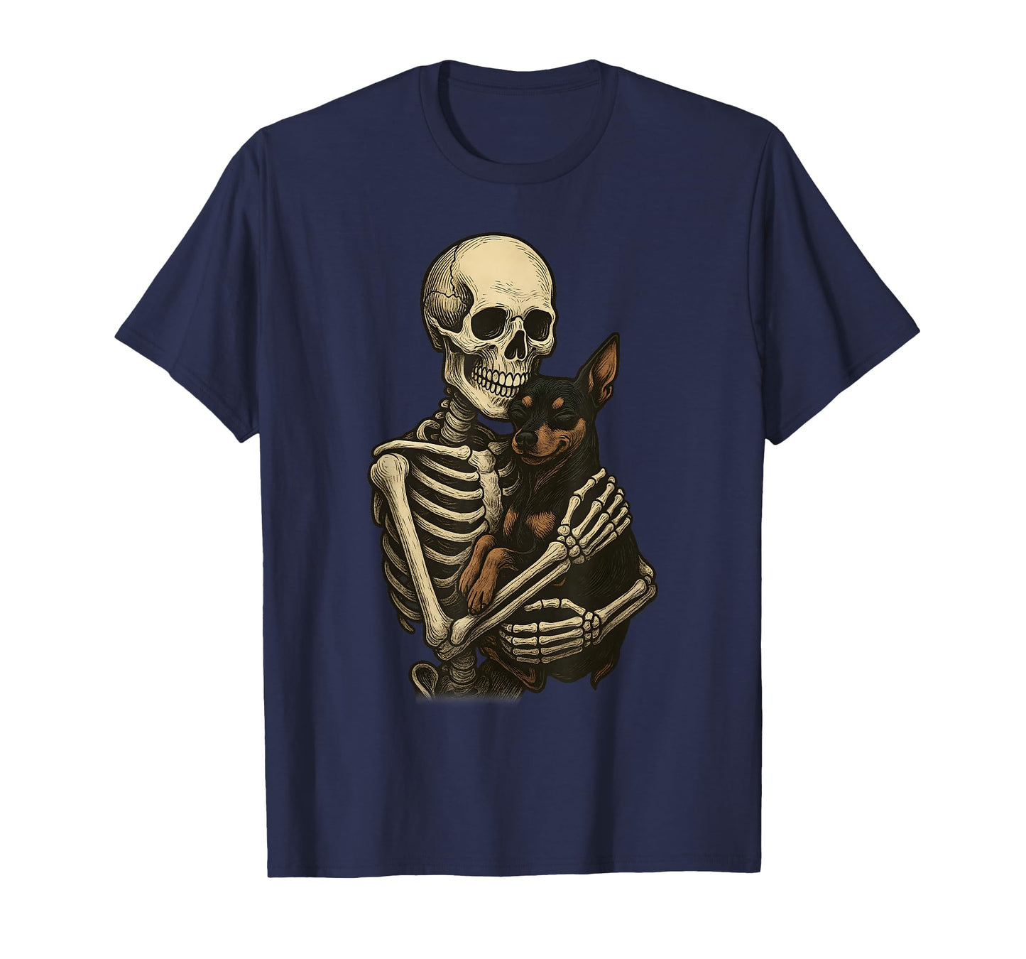 Skeleton Hugging Dog Miniature Pinscher Funny Halloween T-Shirt