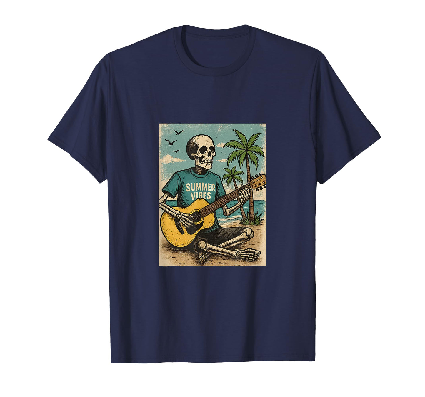 Vintage Skeleton Summer vibes Funny Beach Guitar T-Shirt
