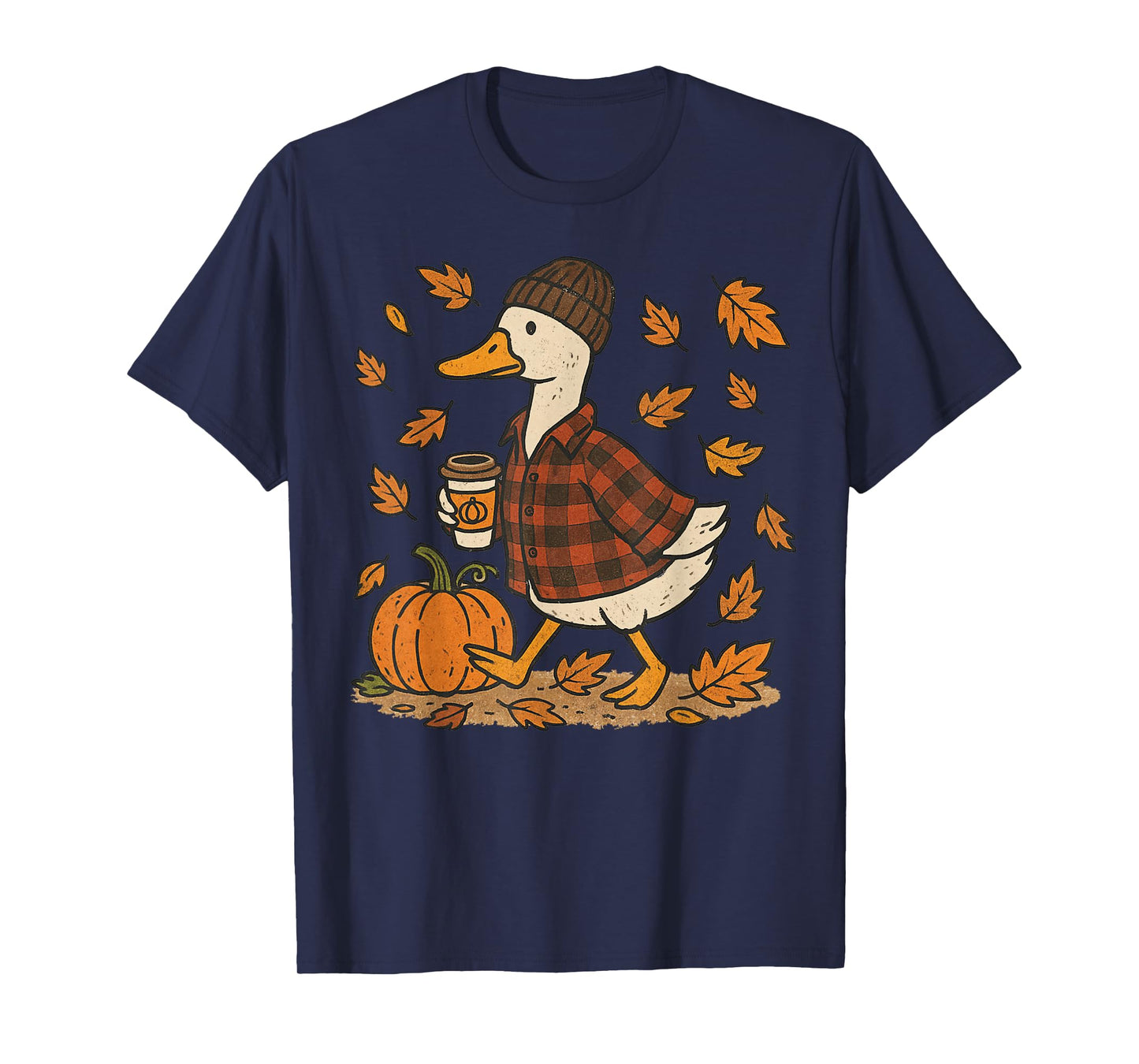 Fall Pumpkin Goose Autumn Coffee Lover Cozy Flannel Season T-Shirt