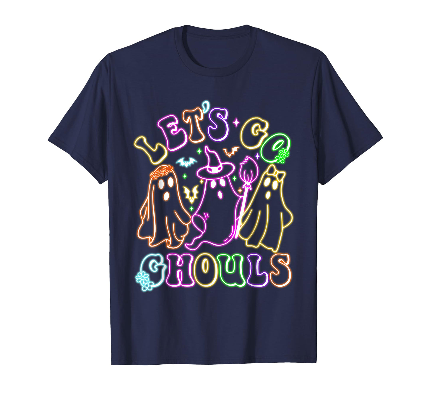 Retro Lets Go Ghouls Halloween Spooky Ghost Colorful Glowing T-Shirt