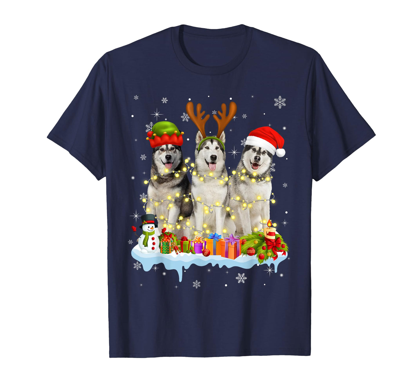 Cute Alaskan Malamute Santa Hat Christmas Light Xmas T-Shirt