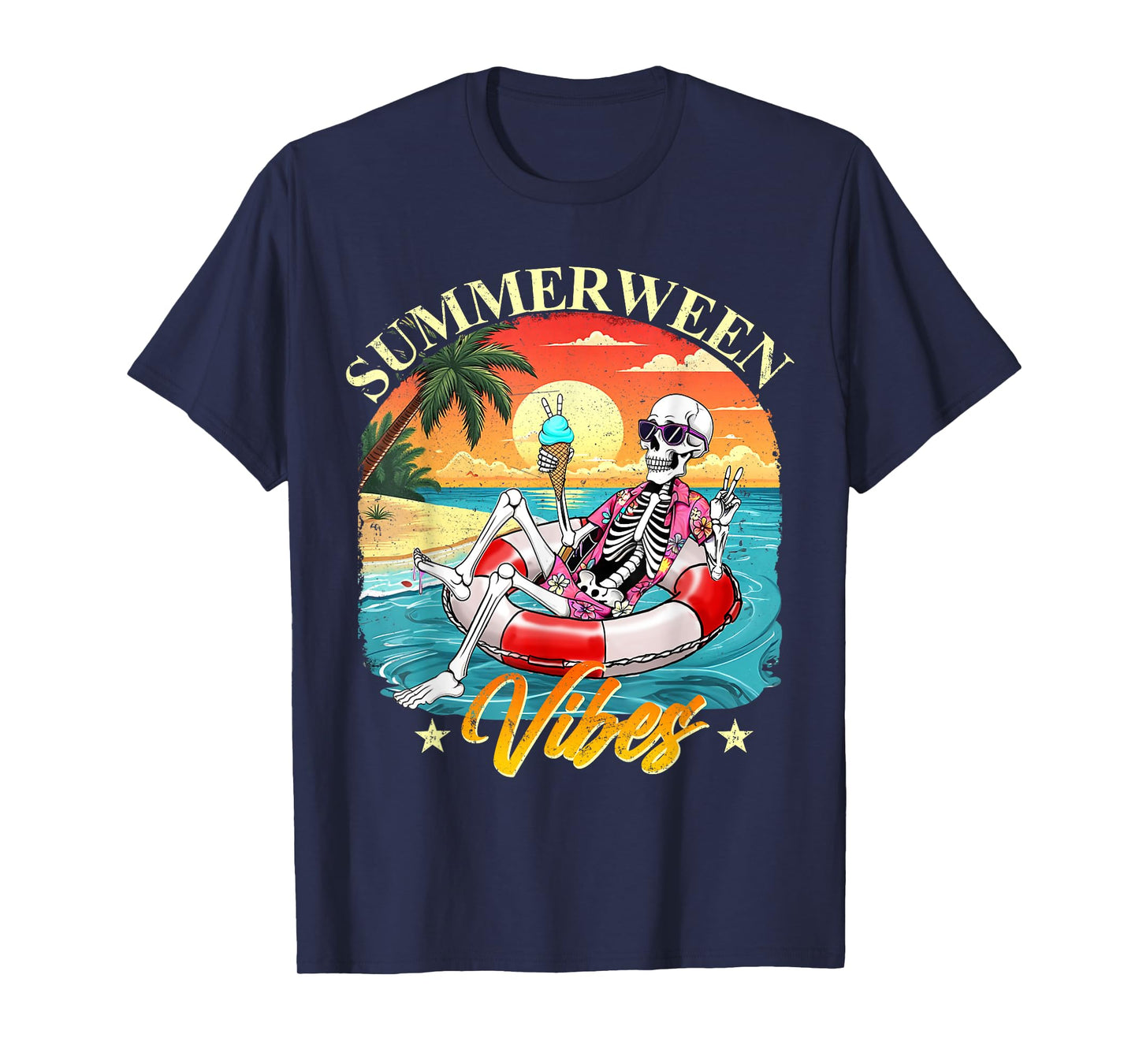 Funny Summerween Vibes Skeleton Pumpkin Spooky Vacation T-Shirt