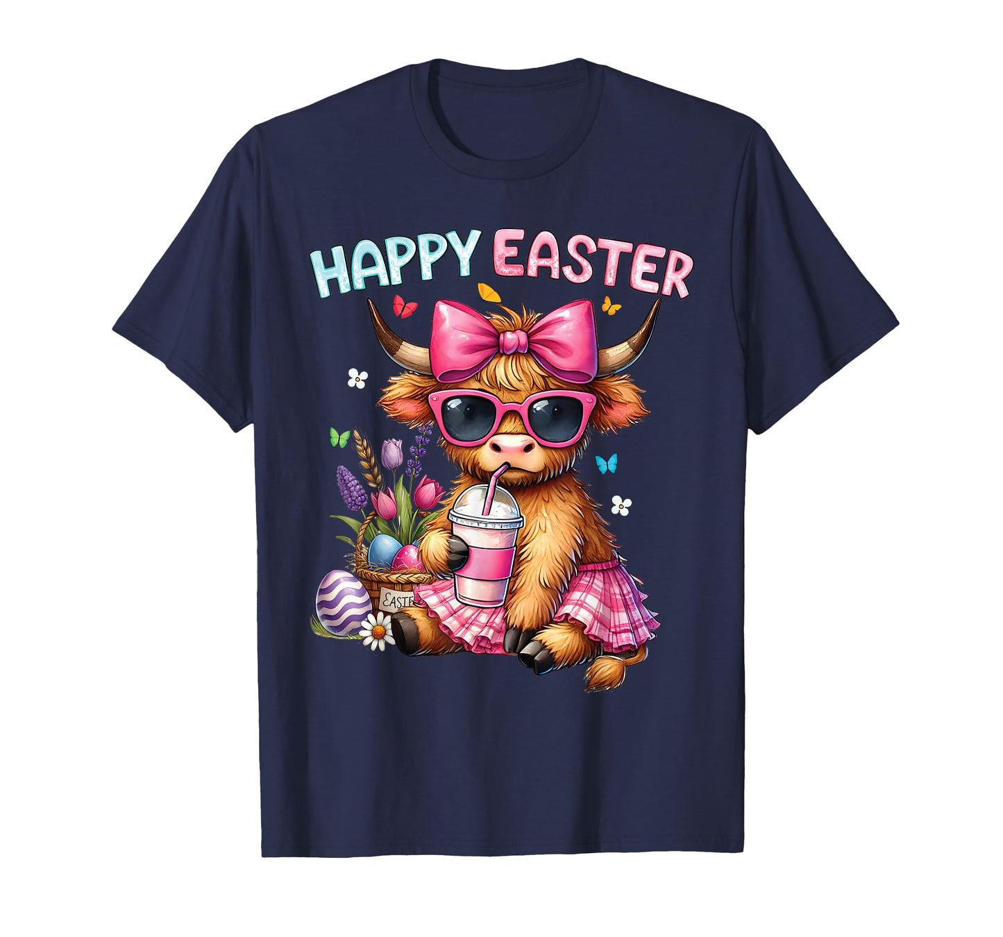 Happy Easter Day Highland Cow Cute Easter Bunny Women Kids T-Shirt