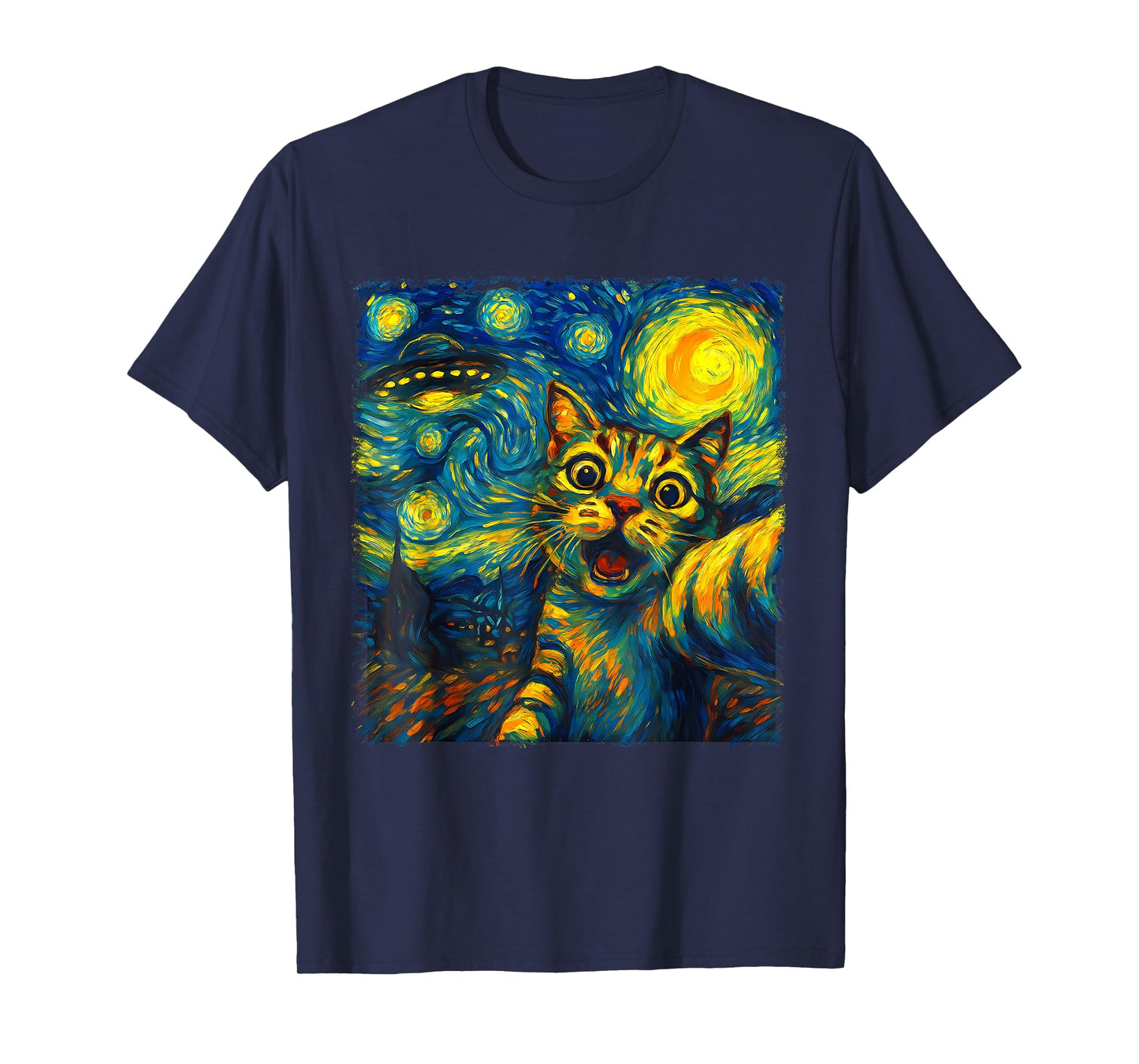 Cat Selfie With Alien UFO Funny Starry Night Van Gogh Men Women Kids T-Shirt